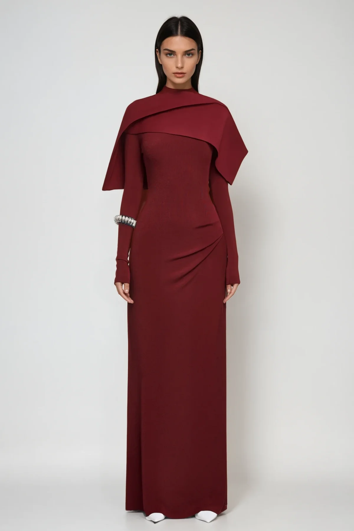 Red Shawl Ruch Bodycon Maxi Dress - Elegant Formal Wear