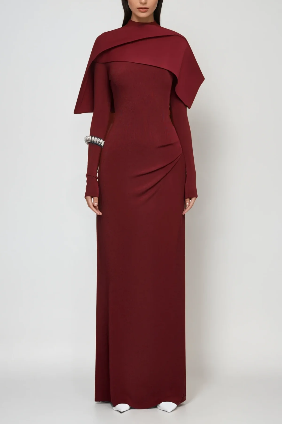 Red Shawl Ruch Bodycon Maxi Dress - Elegant Formal Wear
