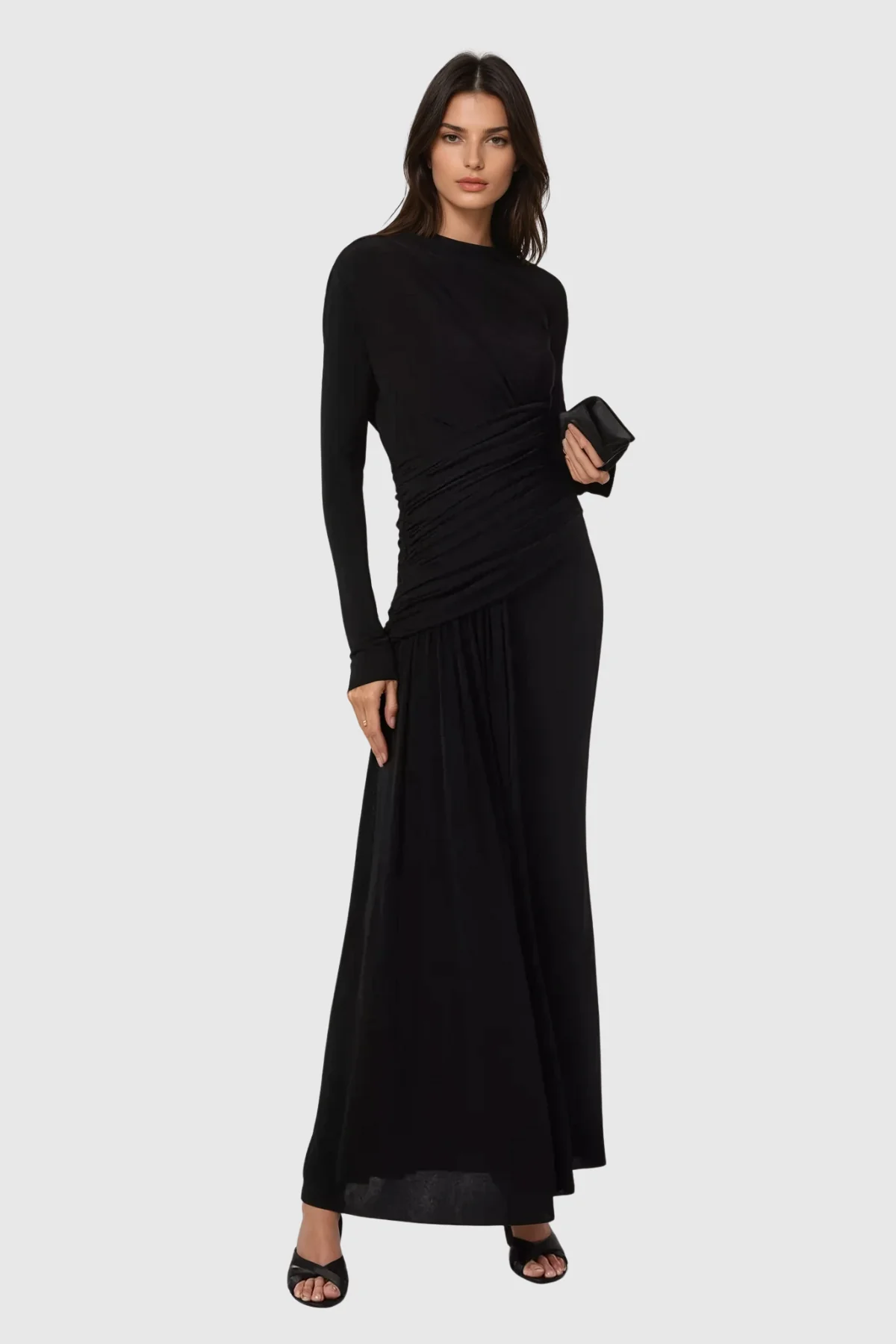 Elegant Black Ruched Maxi Dress with Asymmetric Design