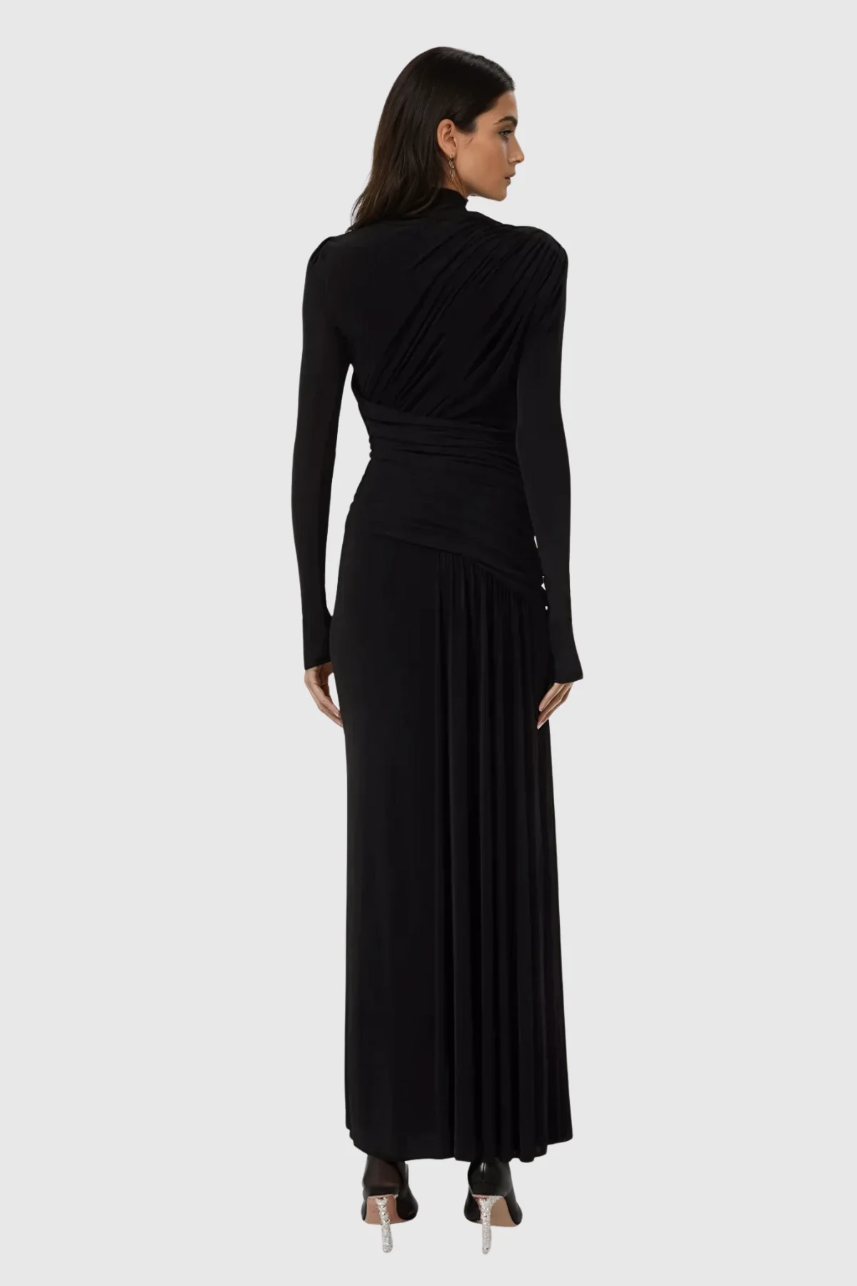 Elegant Black Ruched Maxi Dress with Asymmetric Design