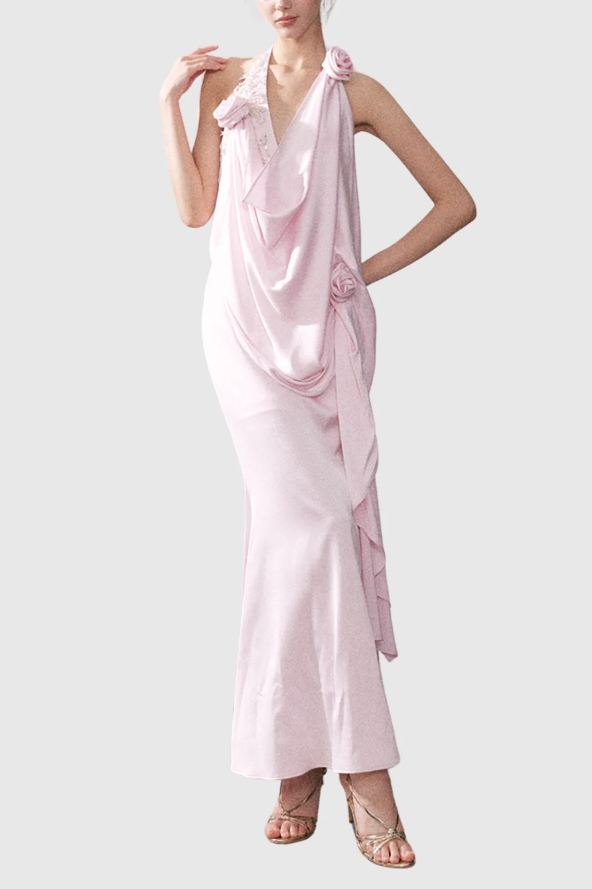 Pink Floral Backless Maxi Dress with Cowl Neckline