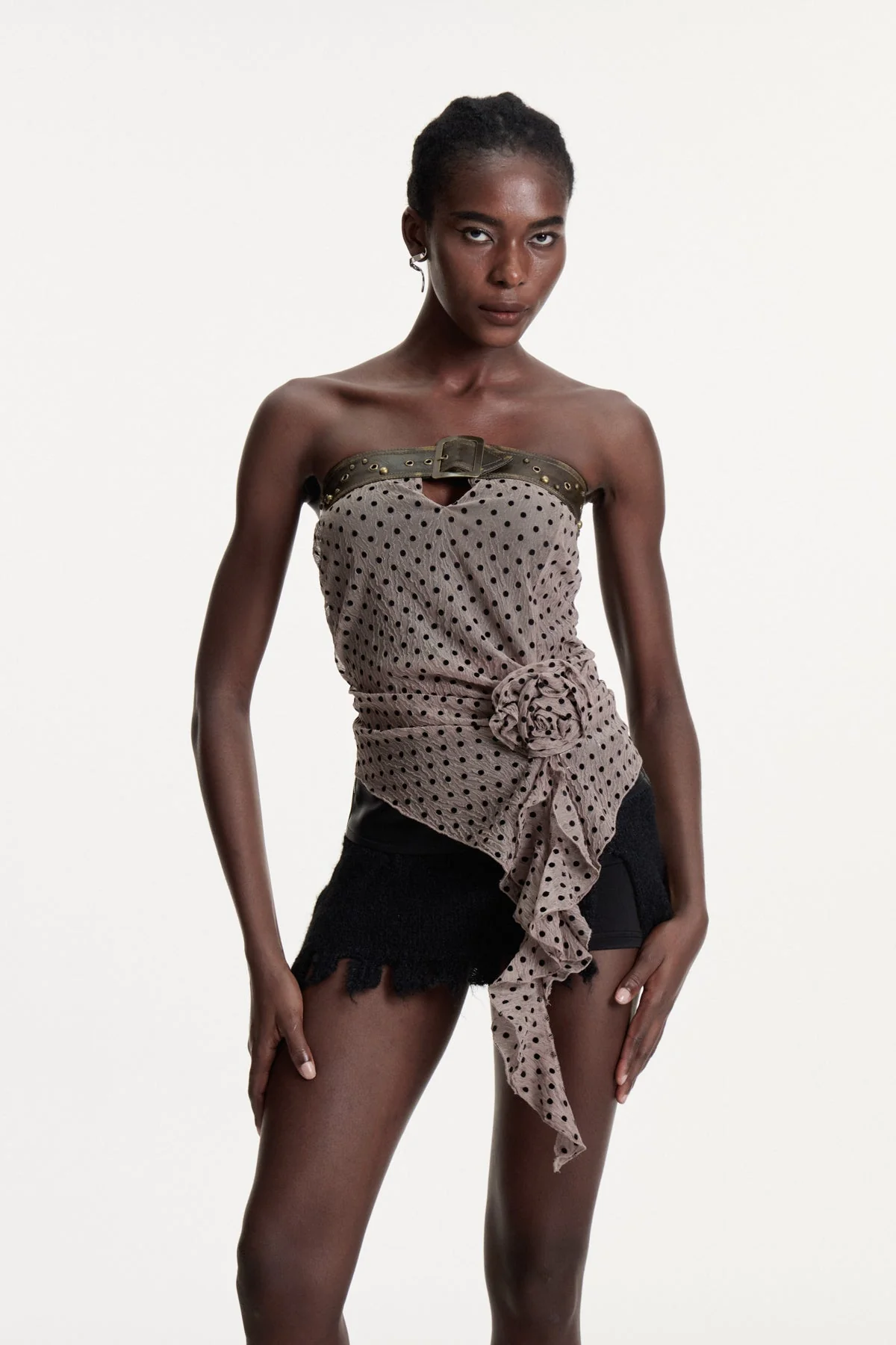 Brown Floral Dot Top with Buckle Detail