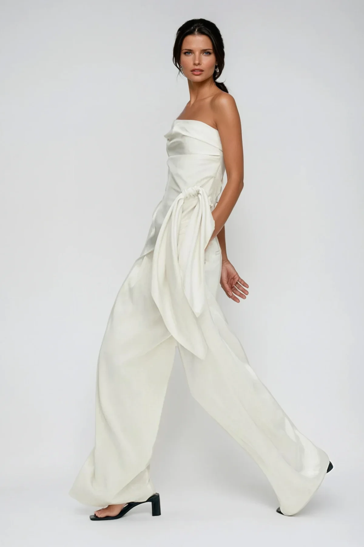 White Satin Lace-Up Pants Set