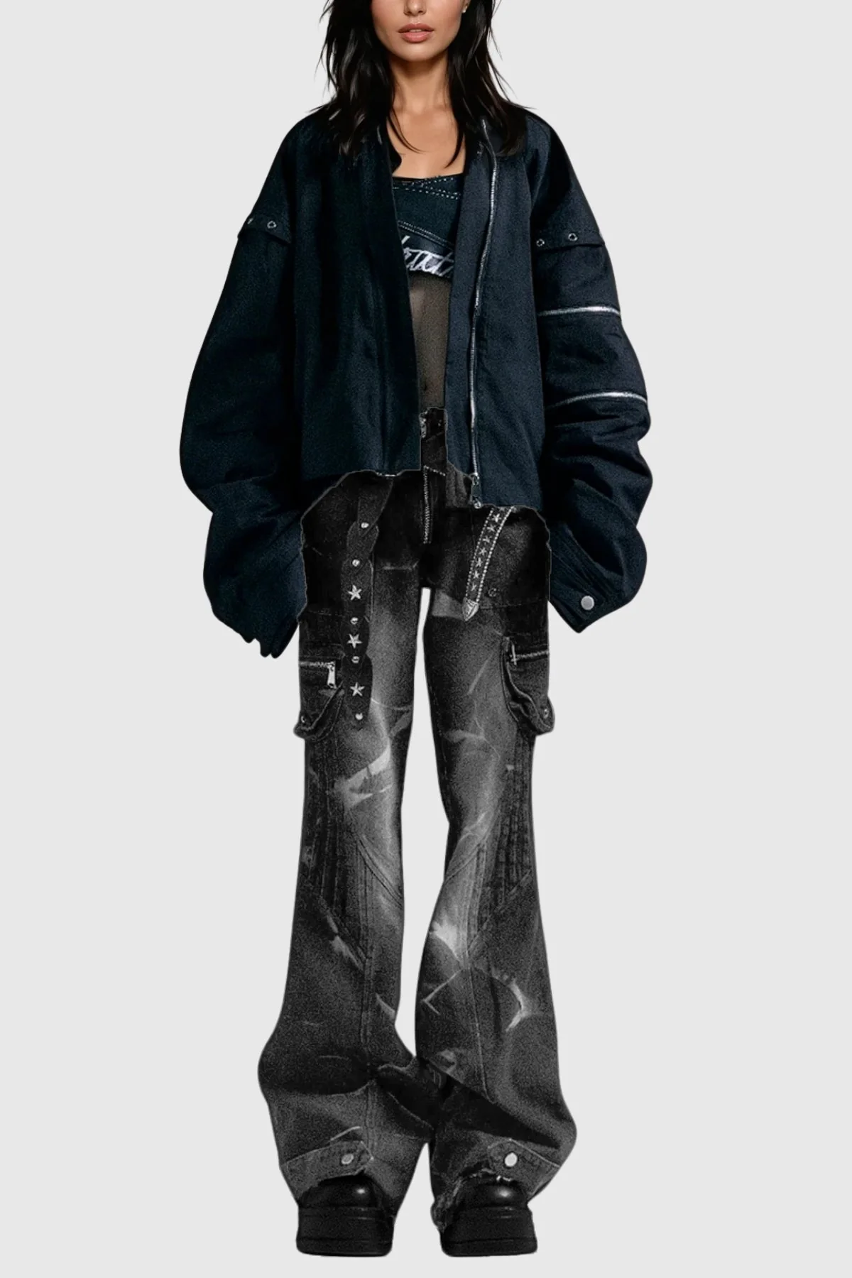 Black Embellished Print Bootcut Jeans