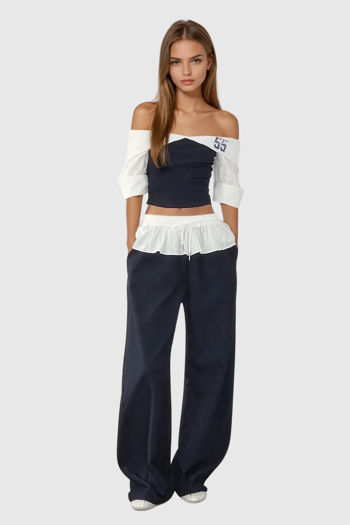 Off Shoulder Ruffle Blue Pants Set