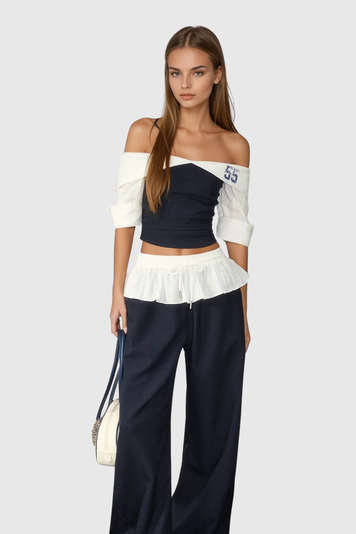 Off Shoulder Ruffle Blue Pants Set