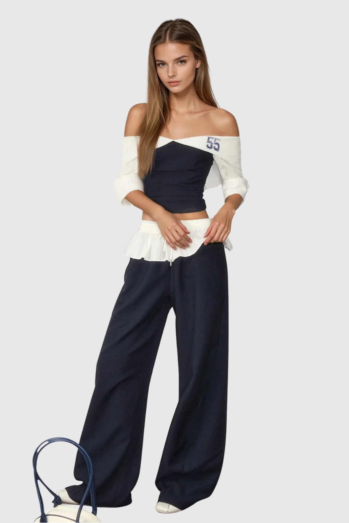 Off Shoulder Ruffle Blue Pants Set