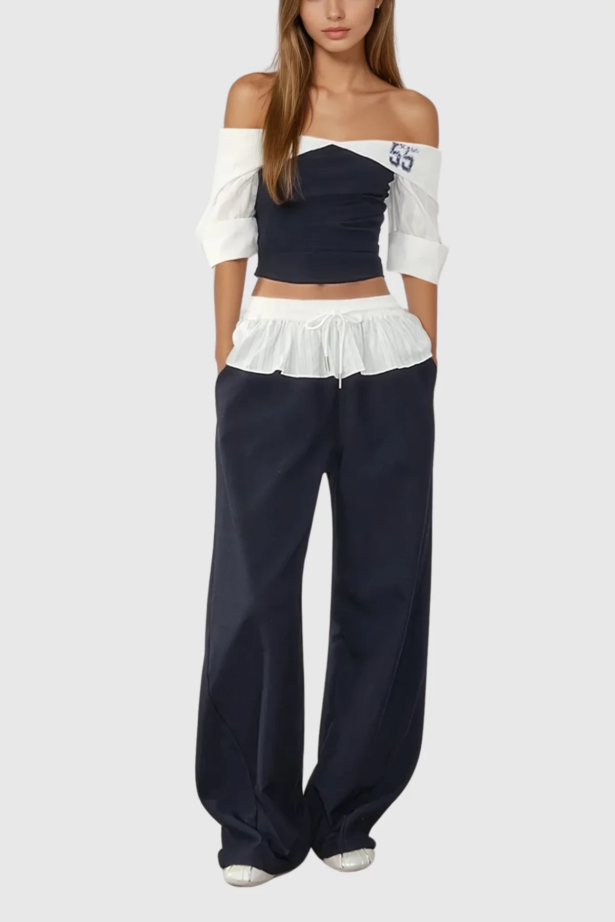 Off Shoulder Ruffle Blue Pants Set
