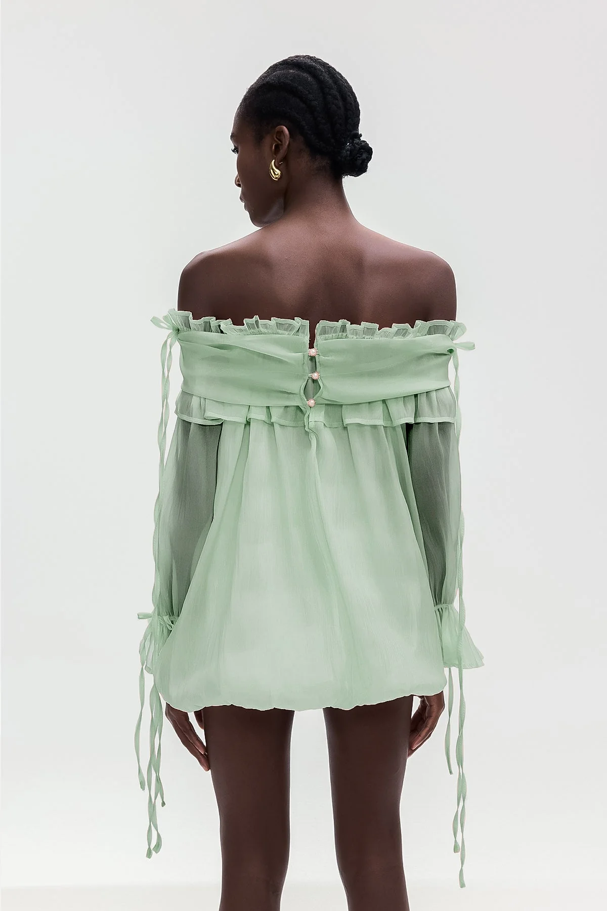 Green Mesh Ruffle Off-Shoulder Top