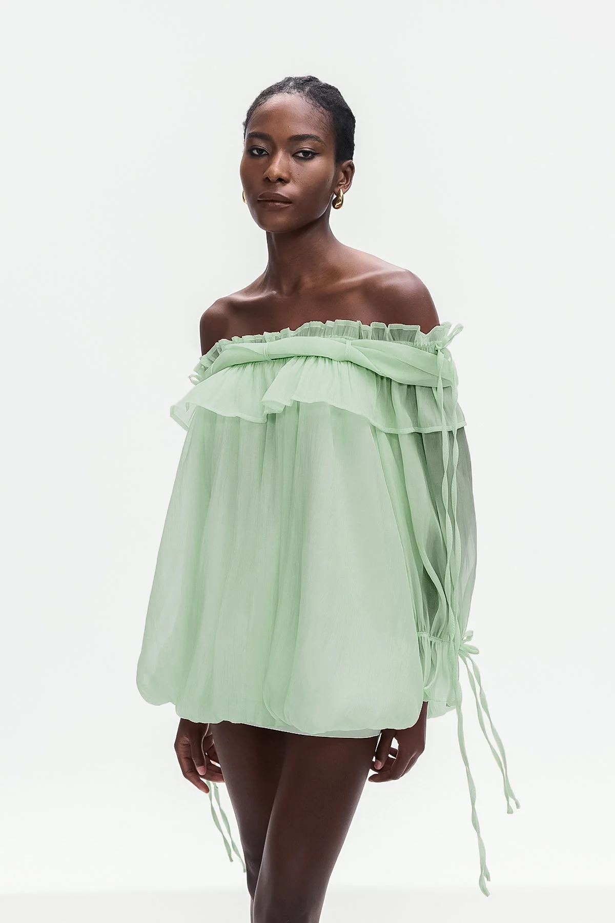 Green Mesh Ruffle Off-Shoulder Top