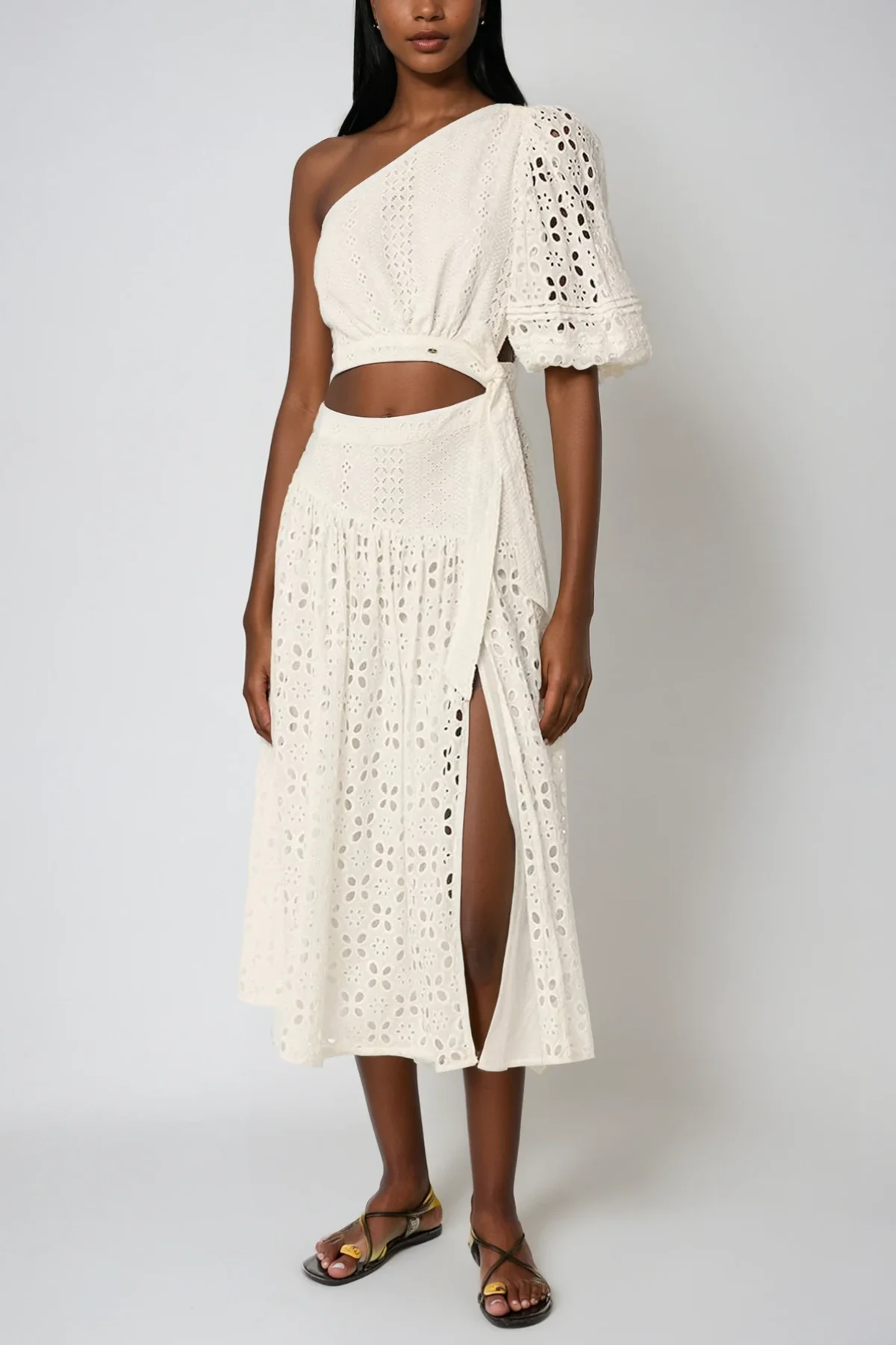 White Asymmetric Cutout Midi Dress with Side Split