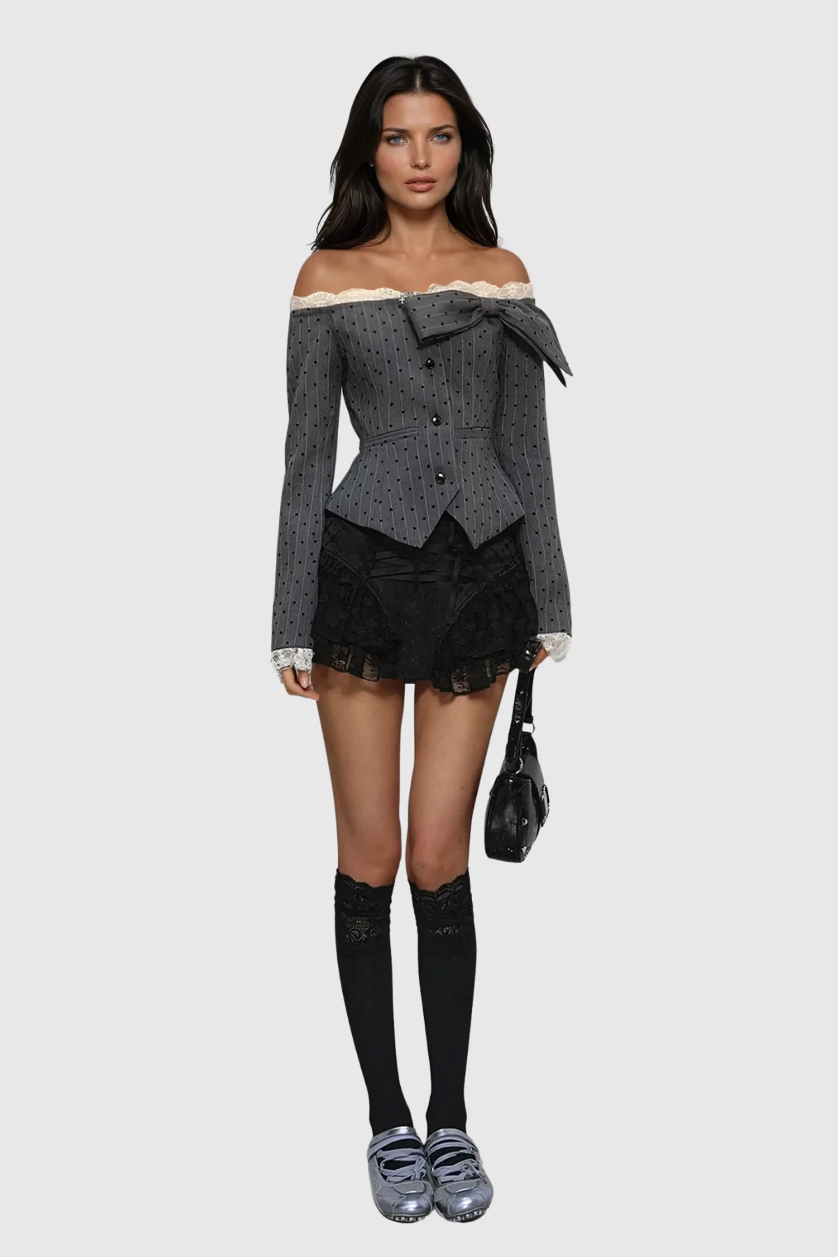 Off-Shoulder Bow Dot Top - Grey Romantic Coquette Style