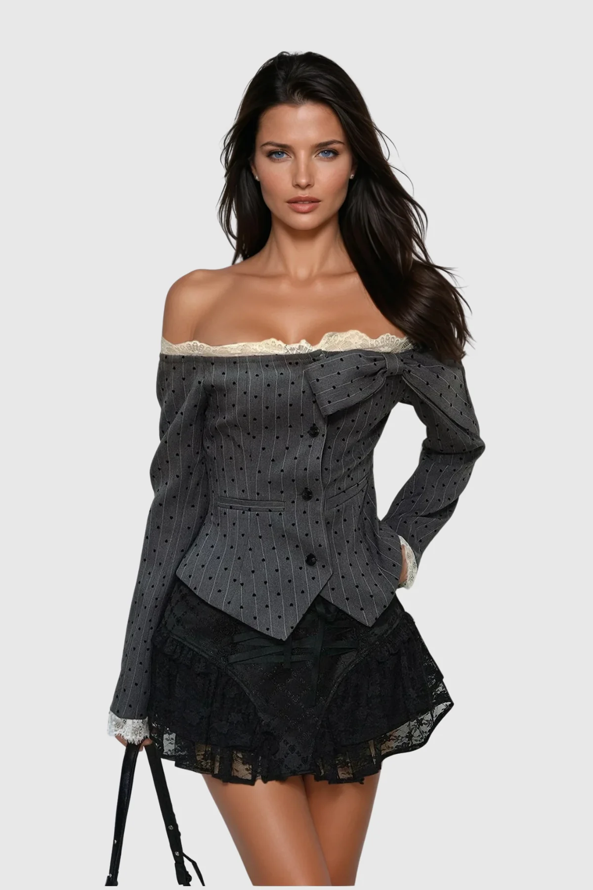 Off-Shoulder Bow Dot Top - Grey Romantic Coquette Style