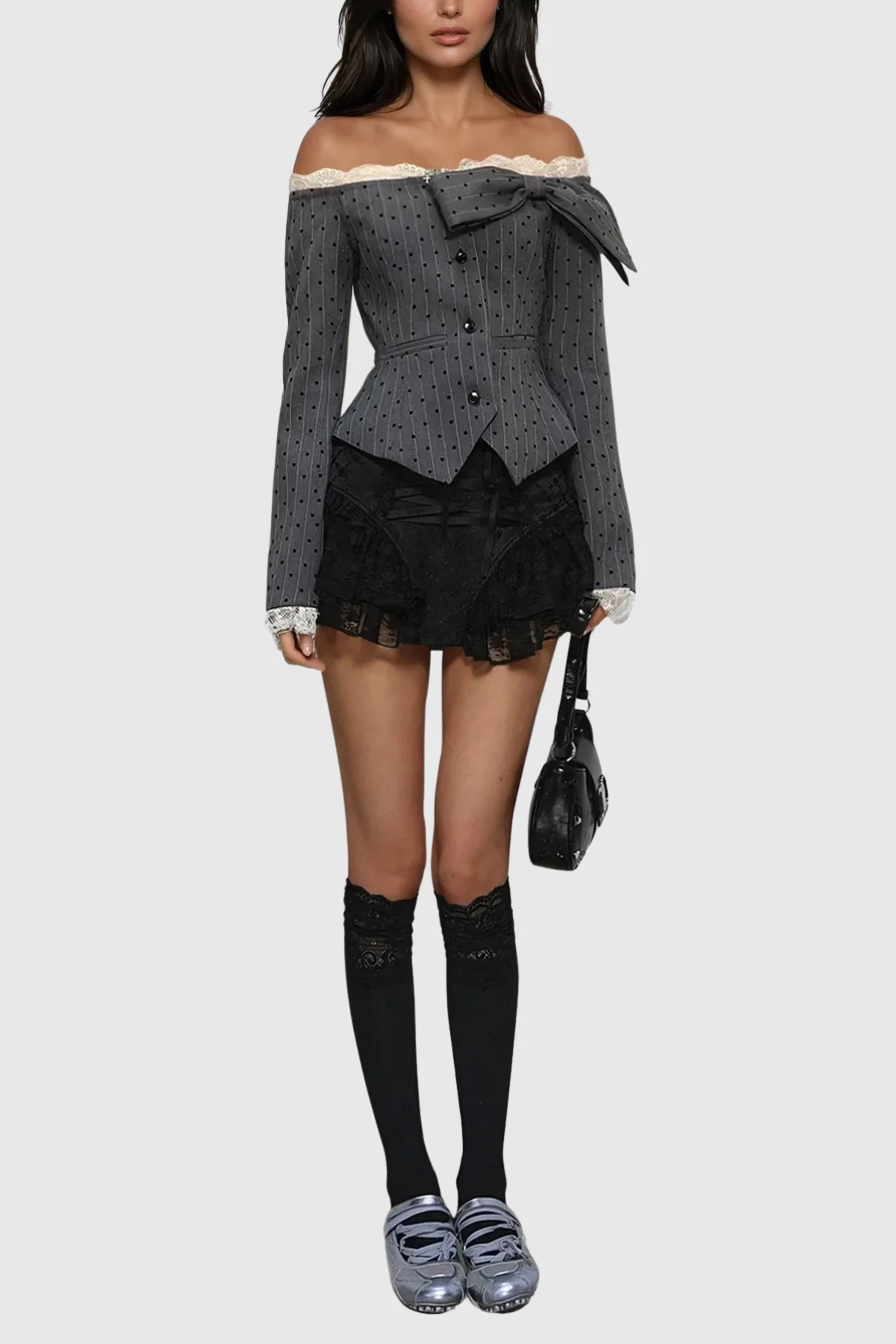 Off-Shoulder Bow Dot Top - Grey Romantic Coquette Style