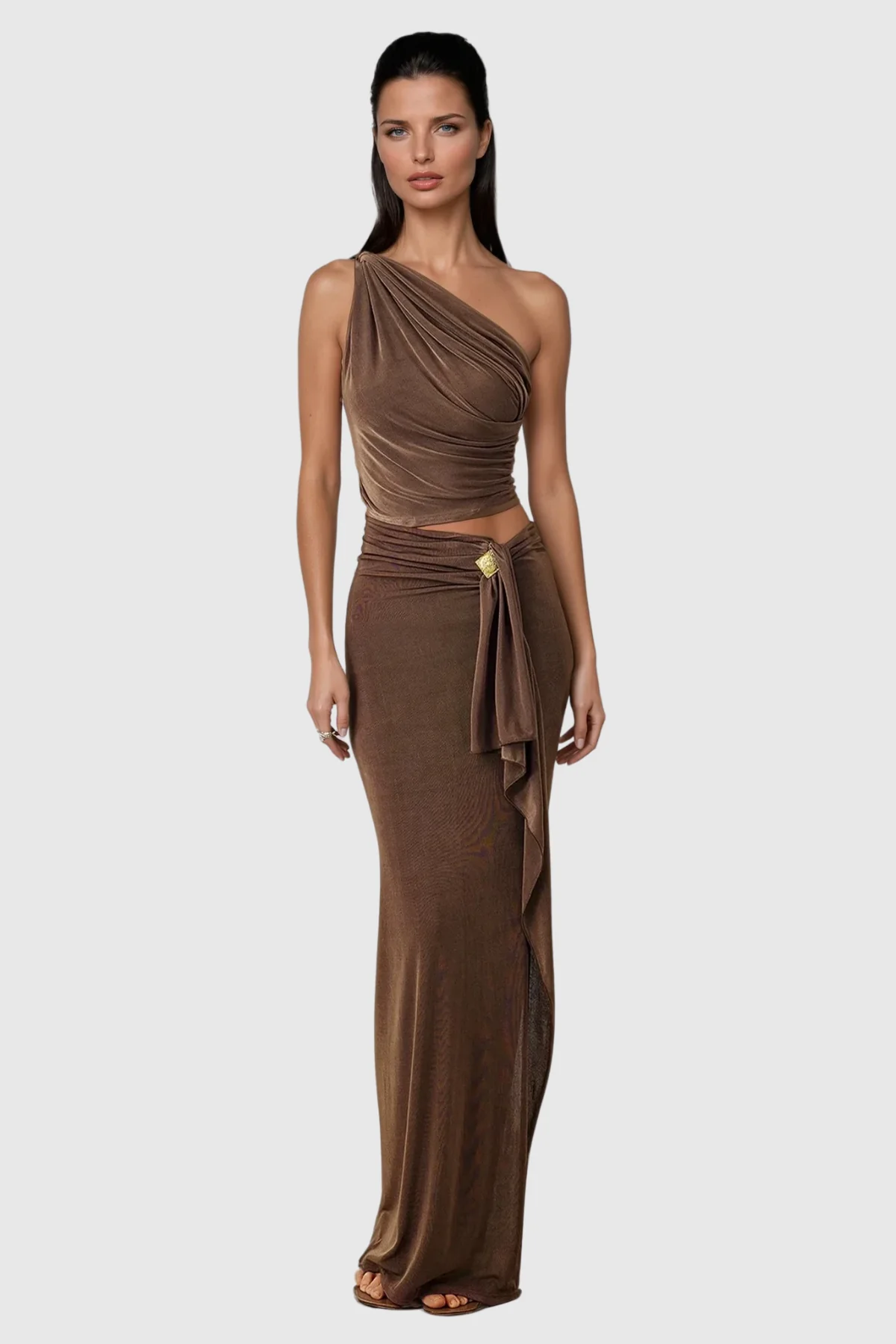 Chic Brown Single Shoulder Skirt Set