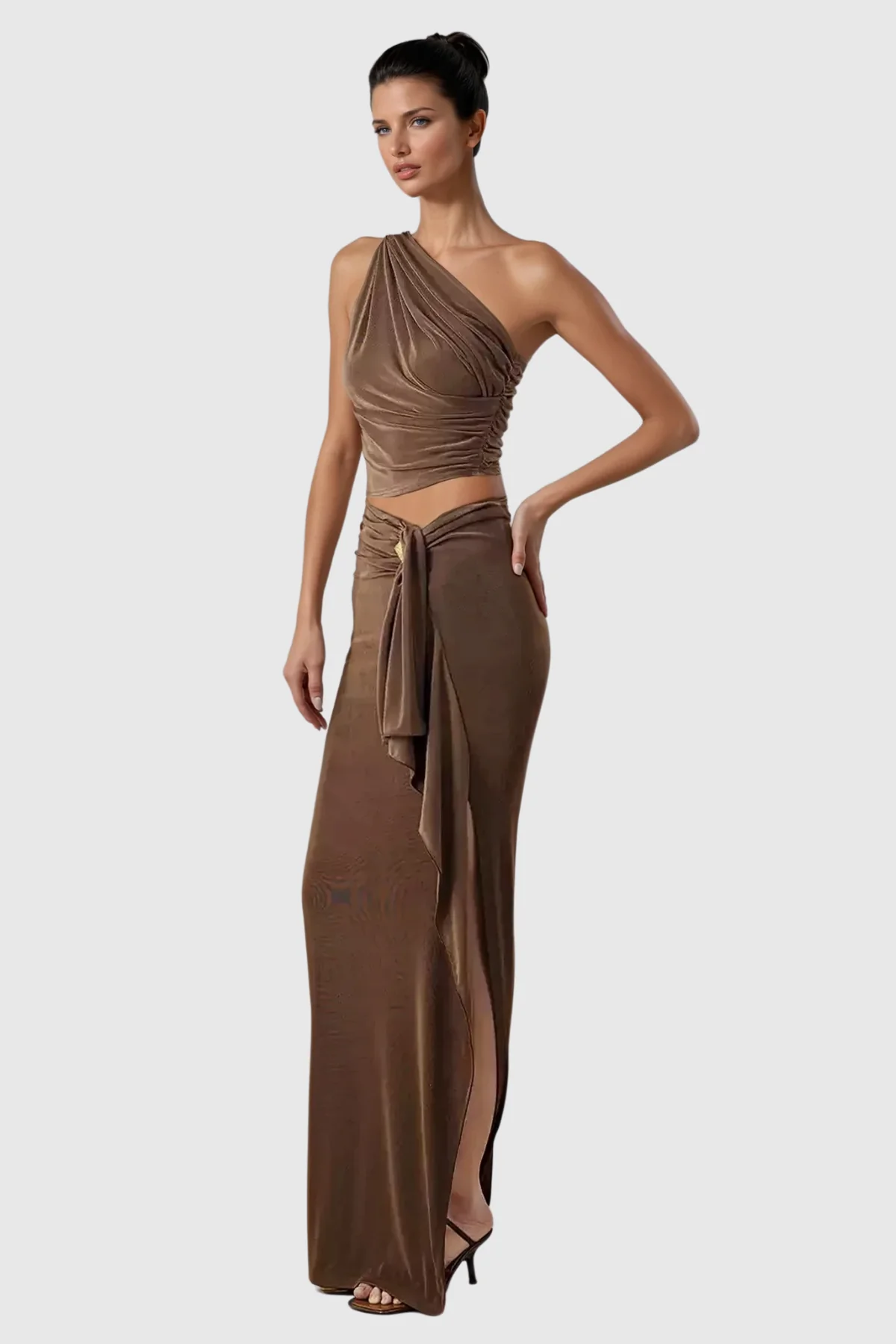 Chic Brown Single Shoulder Skirt Set