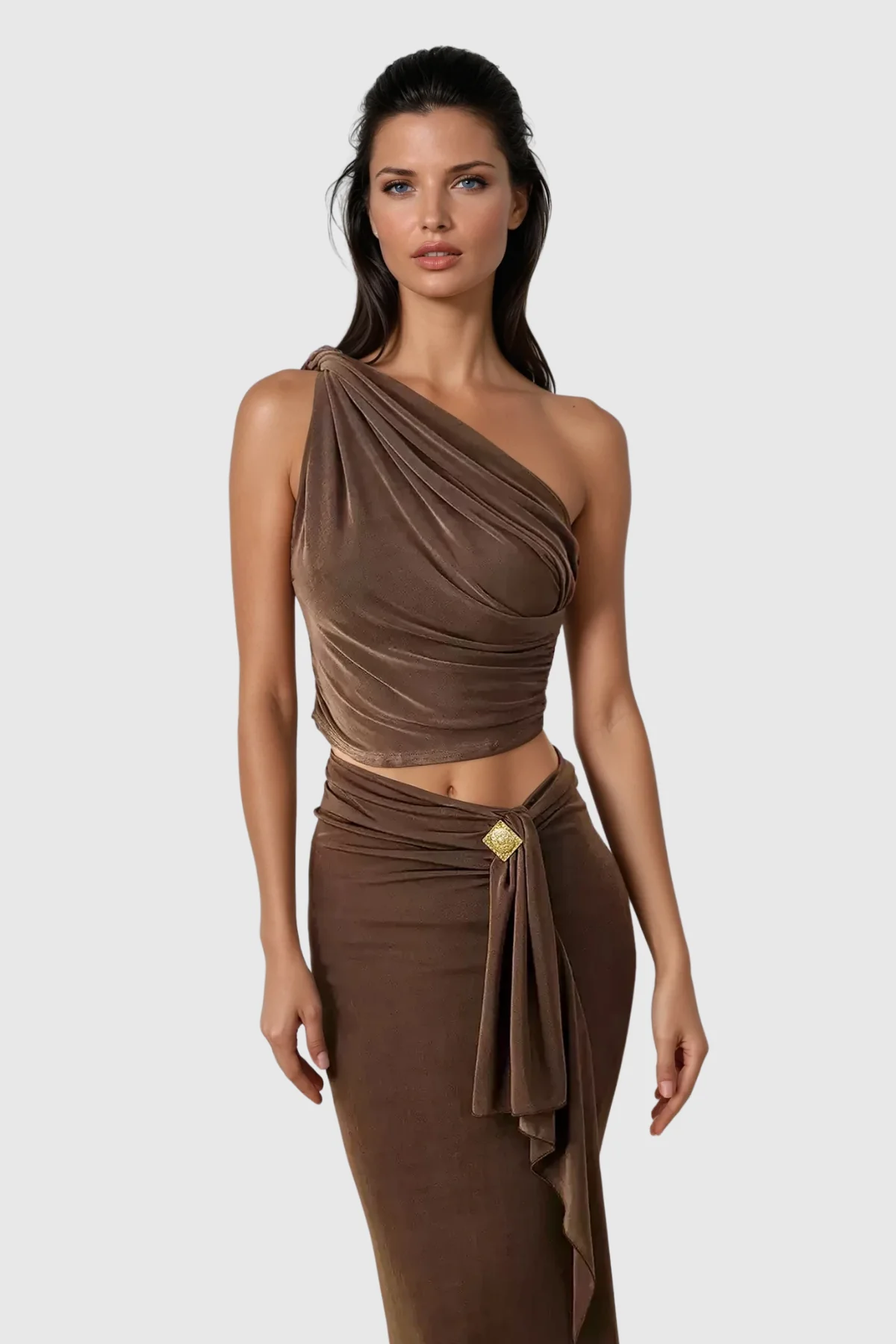 Chic Brown Single Shoulder Skirt Set