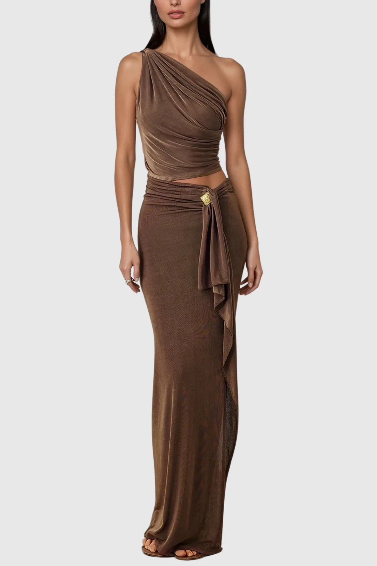 Chic Brown Single Shoulder Skirt Set