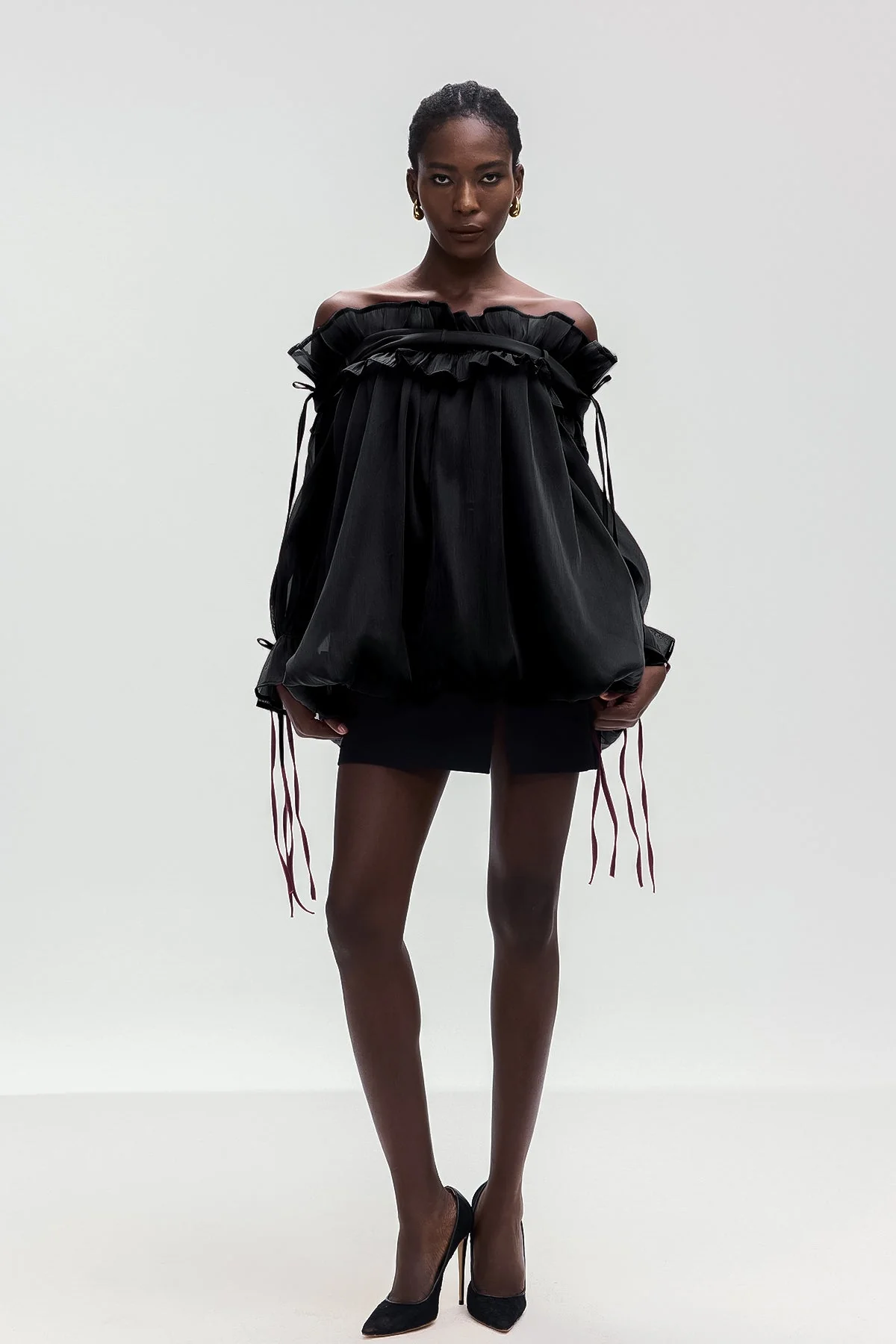 Black Mesh Ruffle Off Shoulder Top