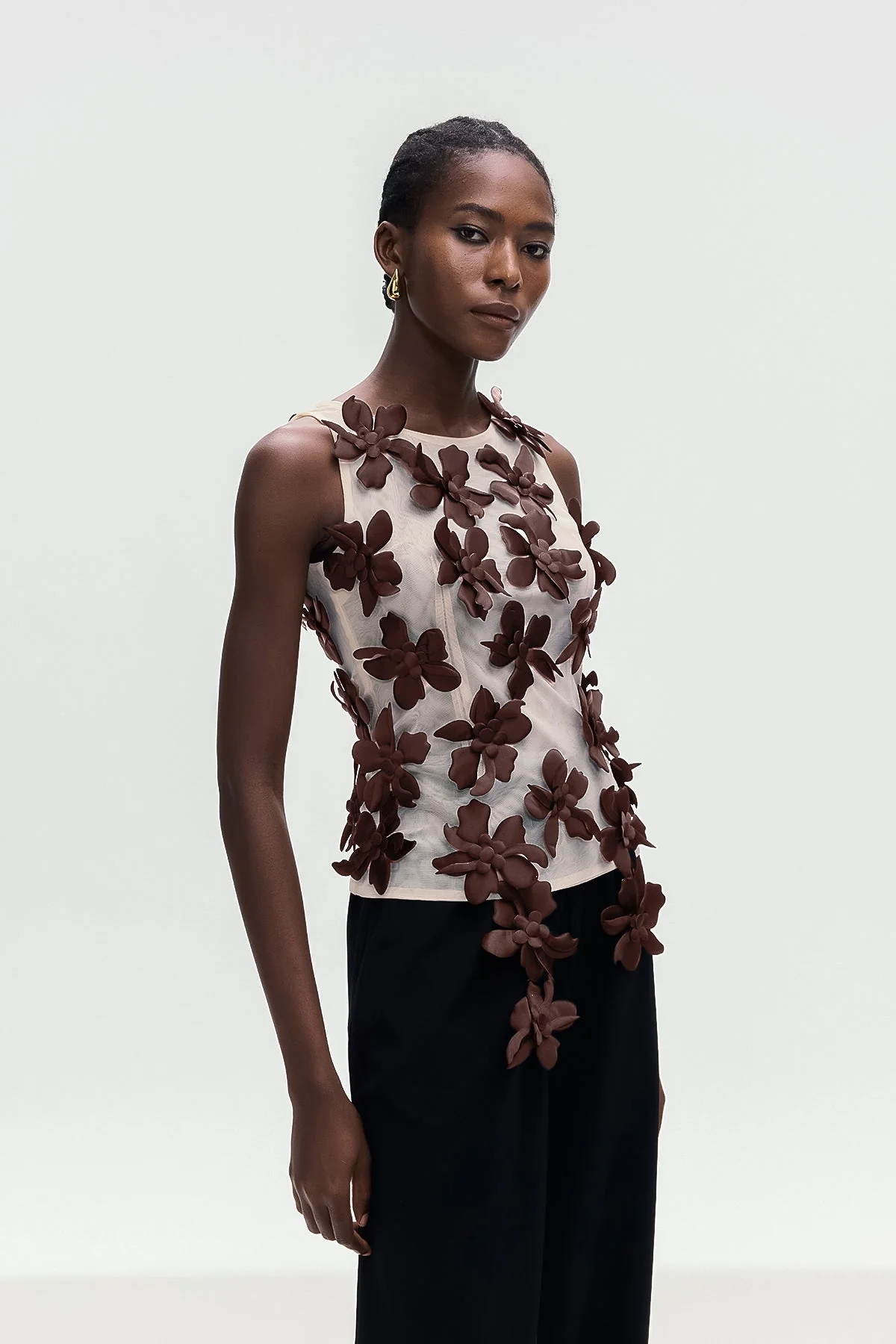 Brown Floral Sleeveless Top for Women