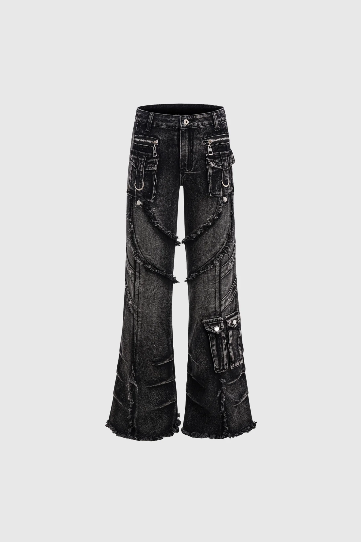 Black Fringe Pocket Bootcut Jeans Womens Casual Urban Edge Style