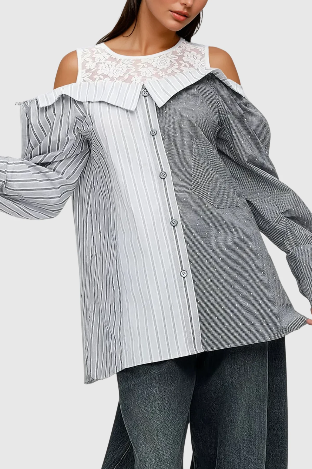 Elegant Lace Striped Shirt in Slate Grey for Men