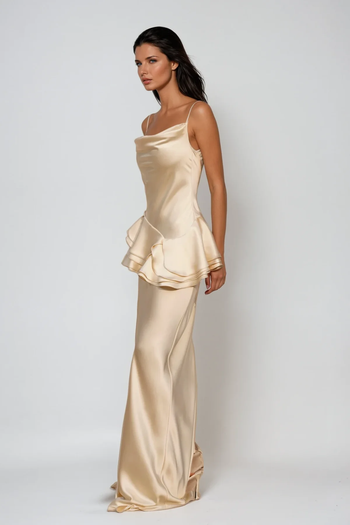 Champagne Satin Ruffle Maxi Dress