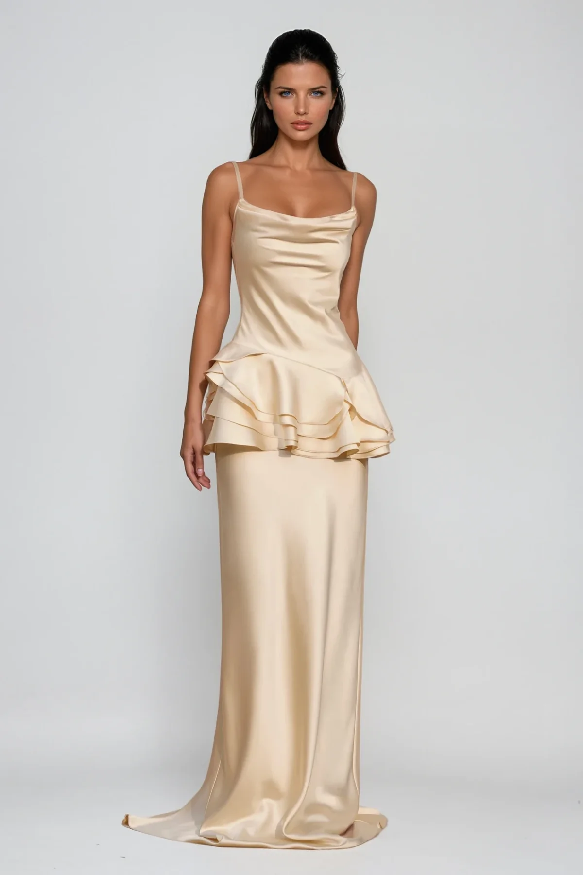 Champagne Satin Ruffle Maxi Dress