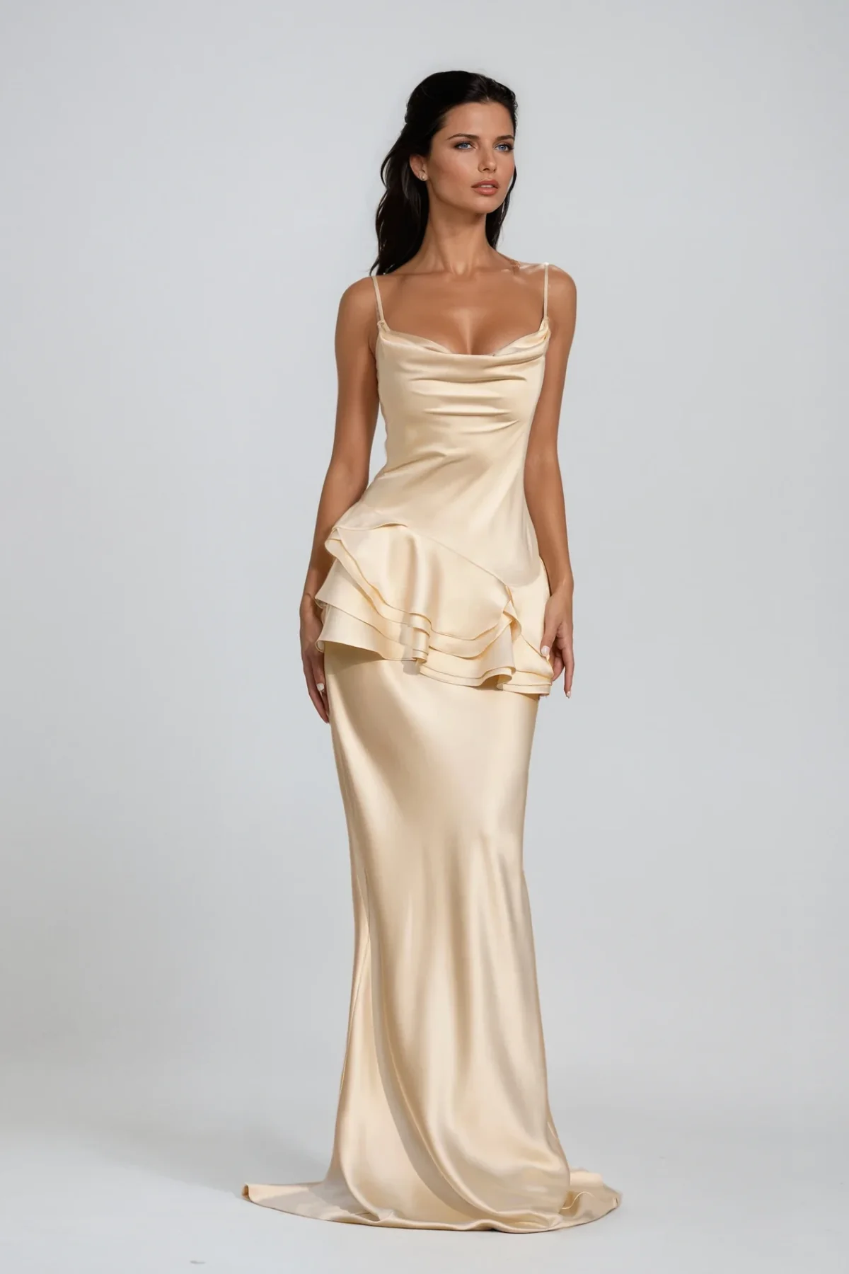 Champagne Satin Ruffle Maxi Dress