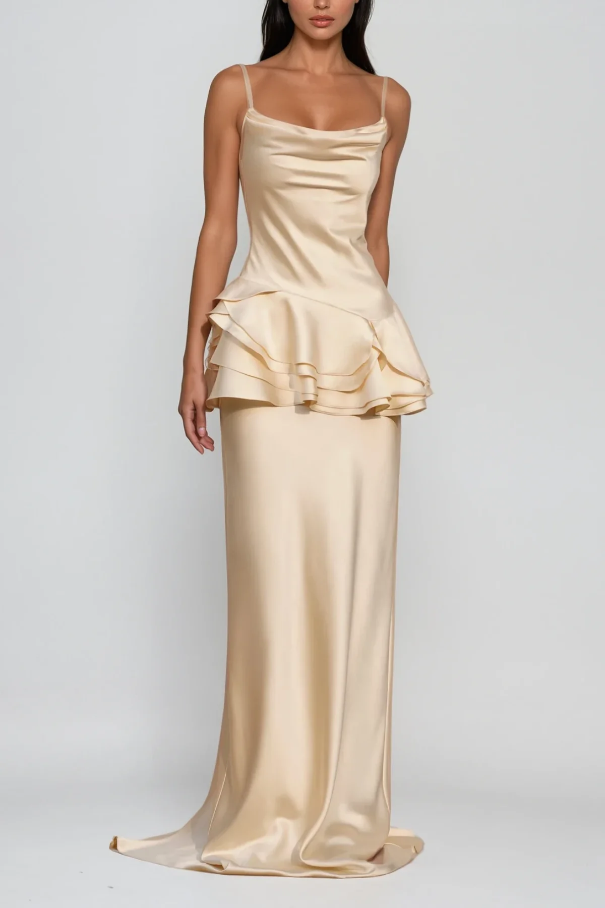 Champagne Satin Ruffle Maxi Dress