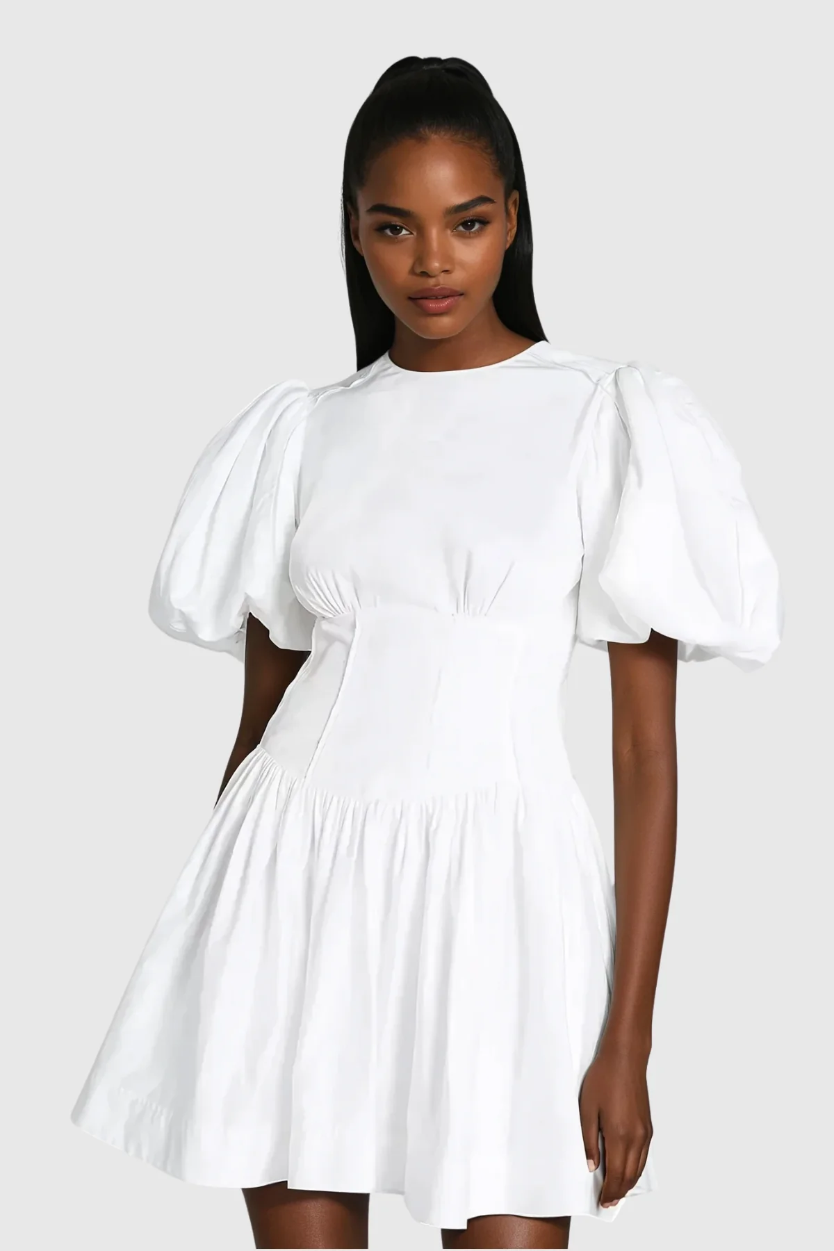 White Balloon Sleeve Ruch Mini Dress