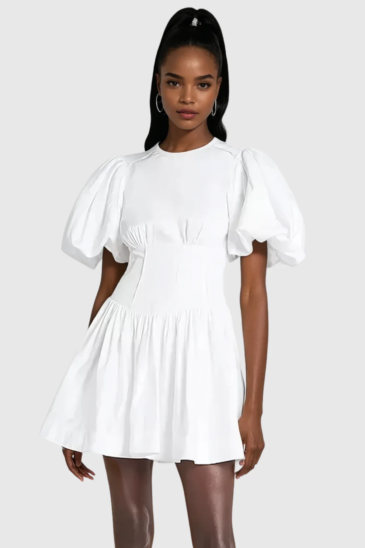White Balloon Sleeve Ruch Mini Dress