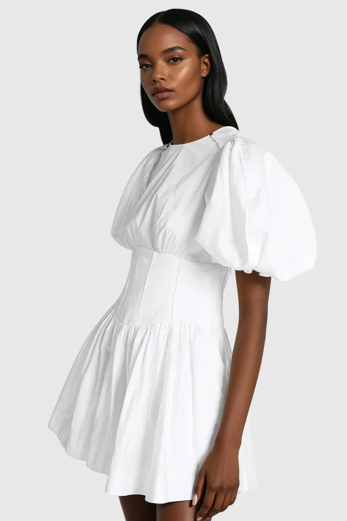 White Balloon Sleeve Ruch Mini Dress