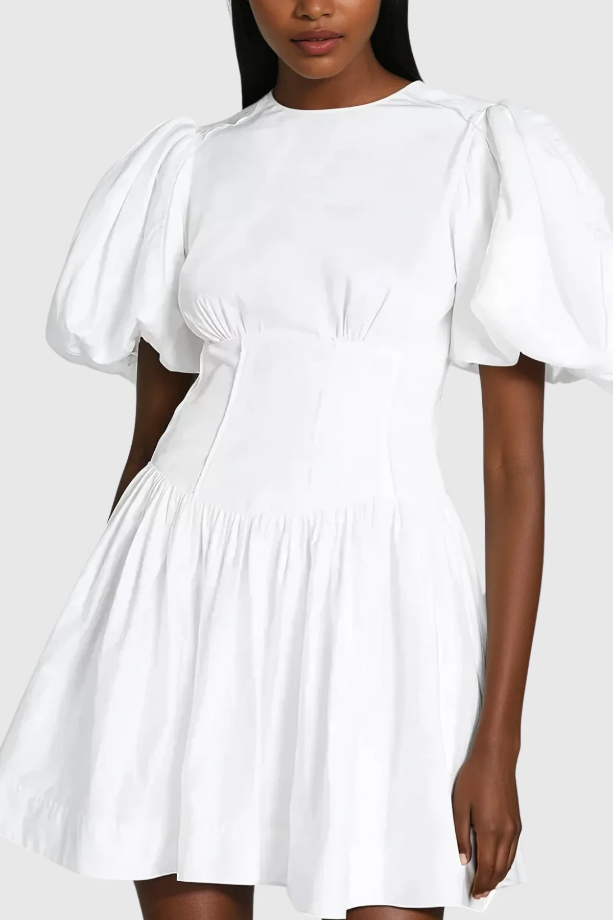 White Balloon Sleeve Ruch Mini Dress