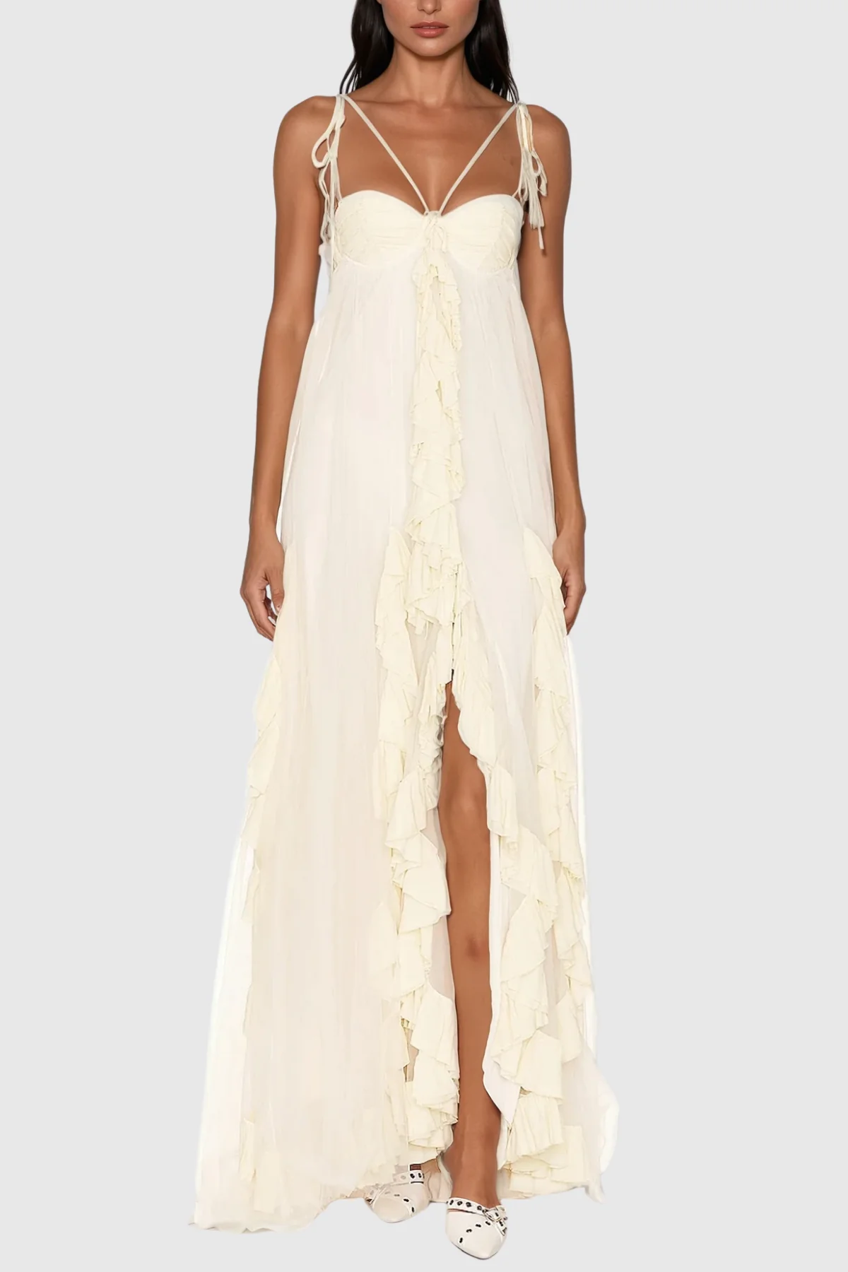 White Mesh Ruched Asymmetric Maxi Dress