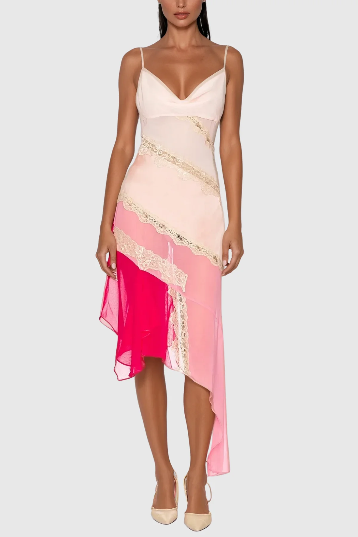 Pink Lace Asymmetric Midi Dress