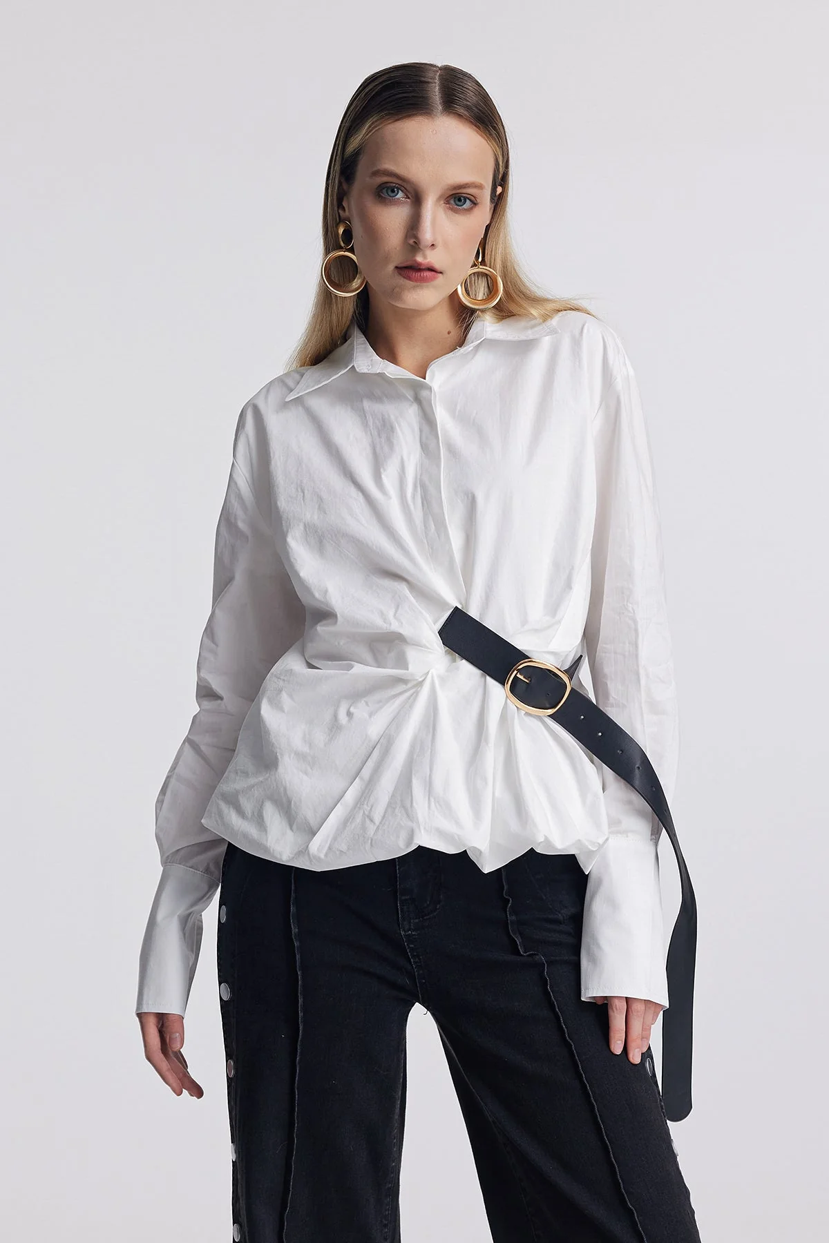 White Ruched Buckle Womens Shirt - Elegant Stylish Design