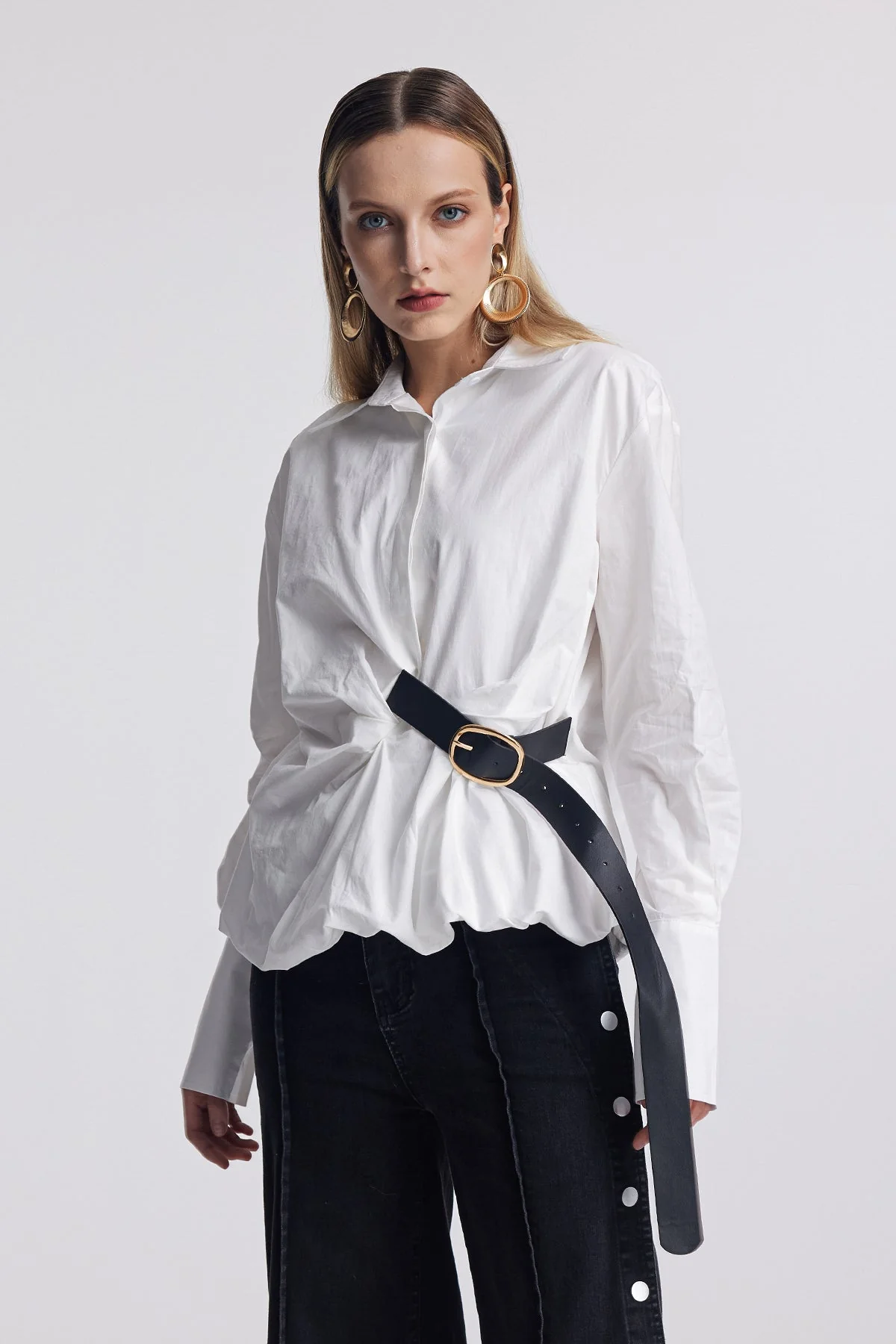 White Ruched Buckle Womens Shirt - Elegant Stylish Design