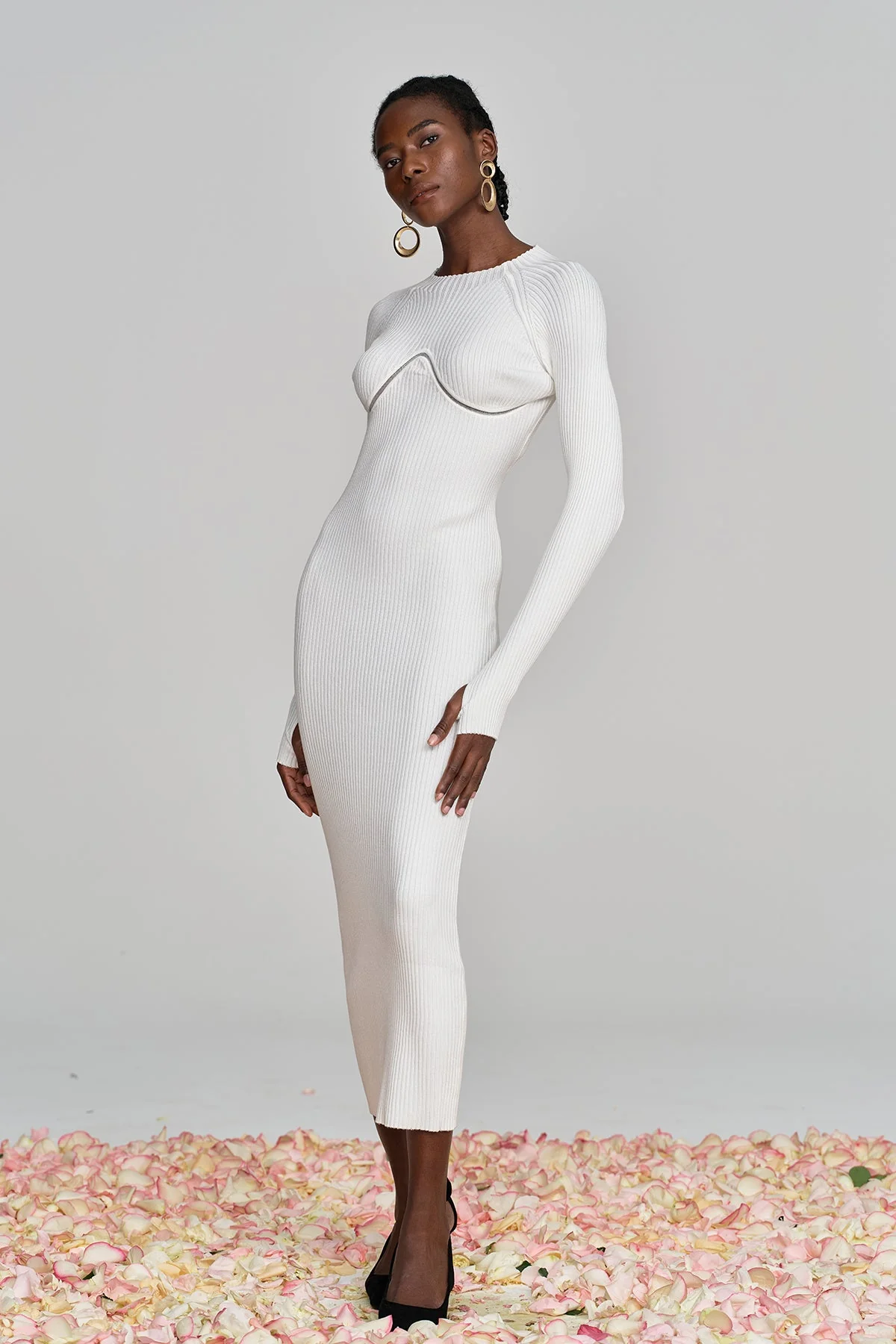 Apricot Ruffle Knit Maxi Dress with Cutout Design