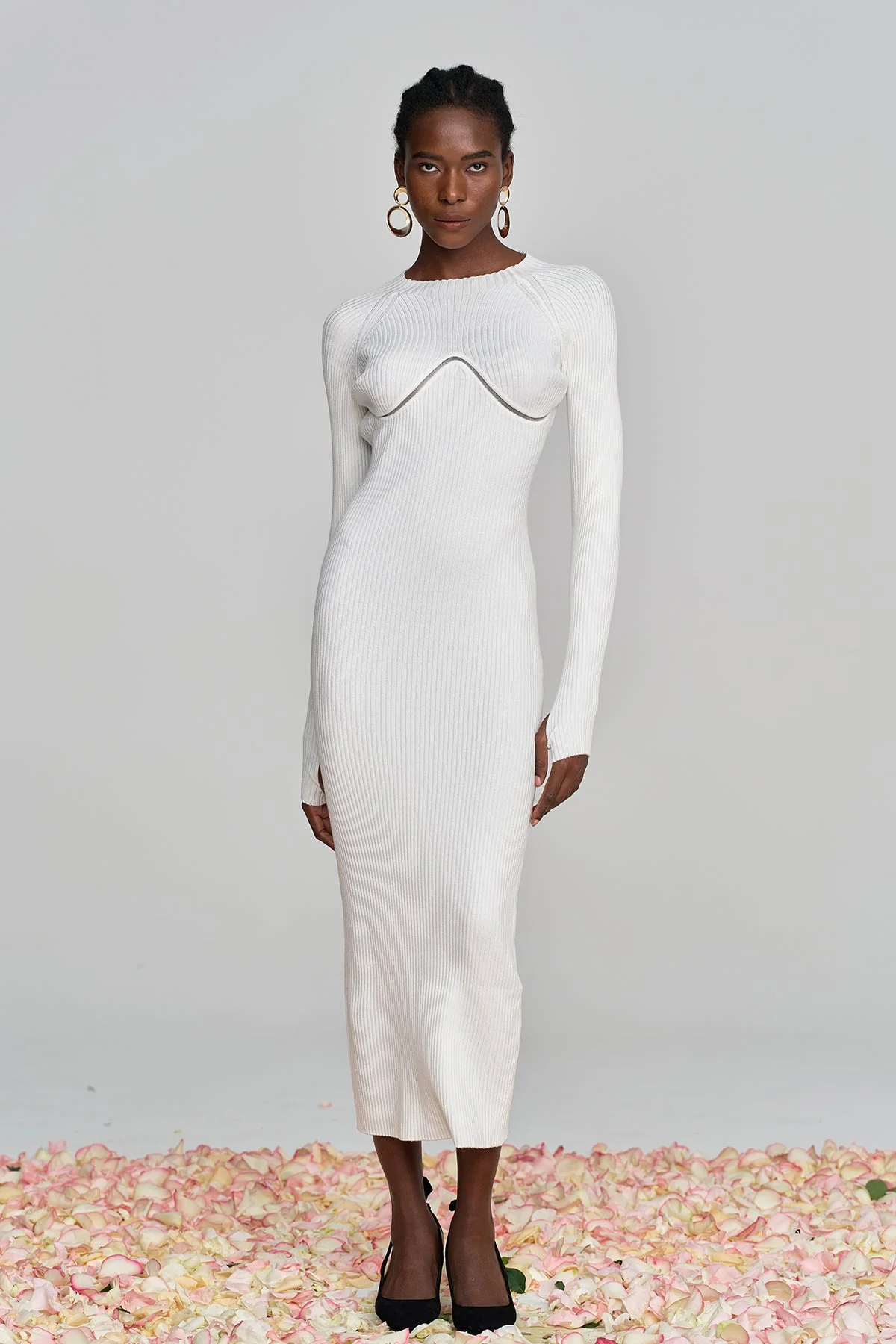 Apricot Ruffle Knit Maxi Dress with Cutout Design