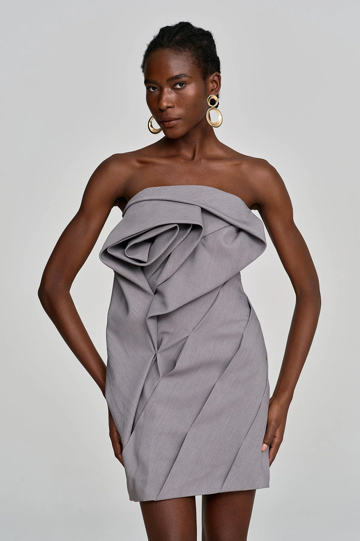 Grey Strapless Ruched Mini Dress with Flower Detailing