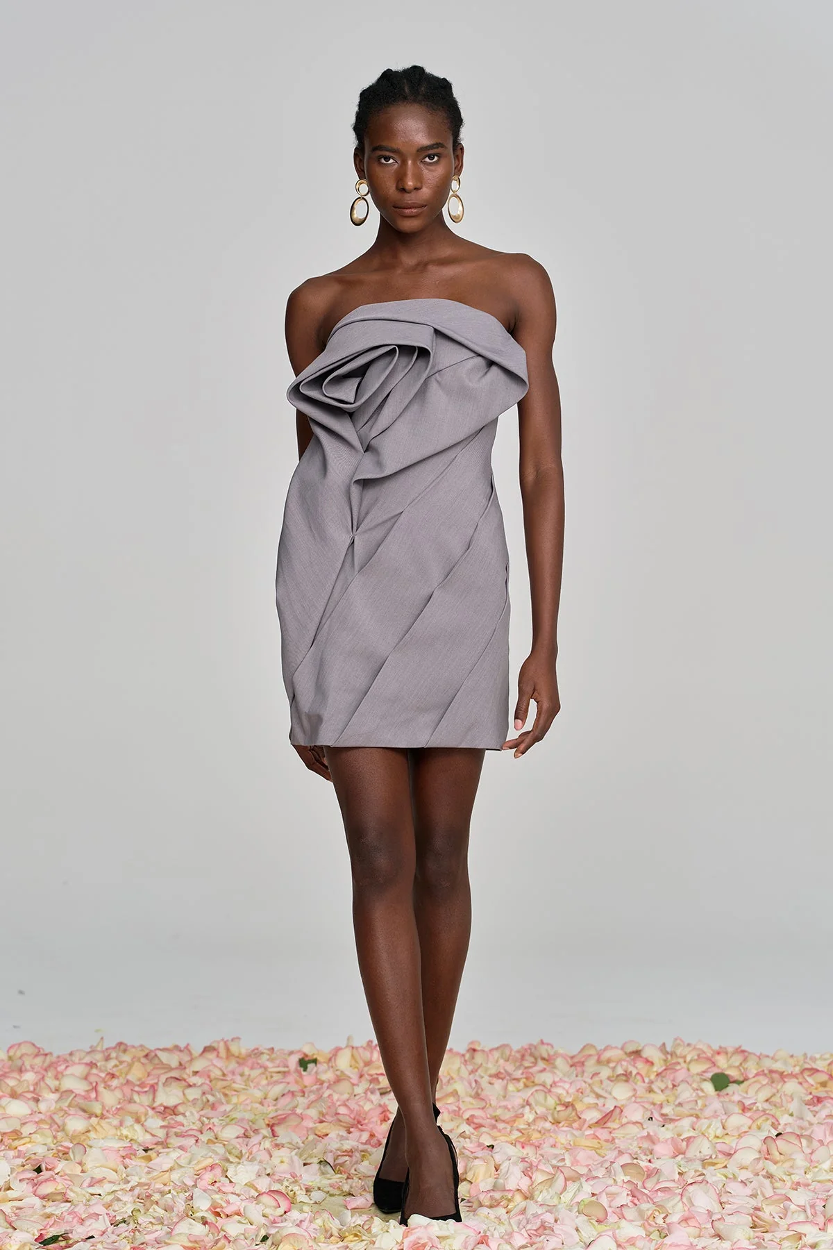 Grey Strapless Ruched Mini Dress with Flower Detailing