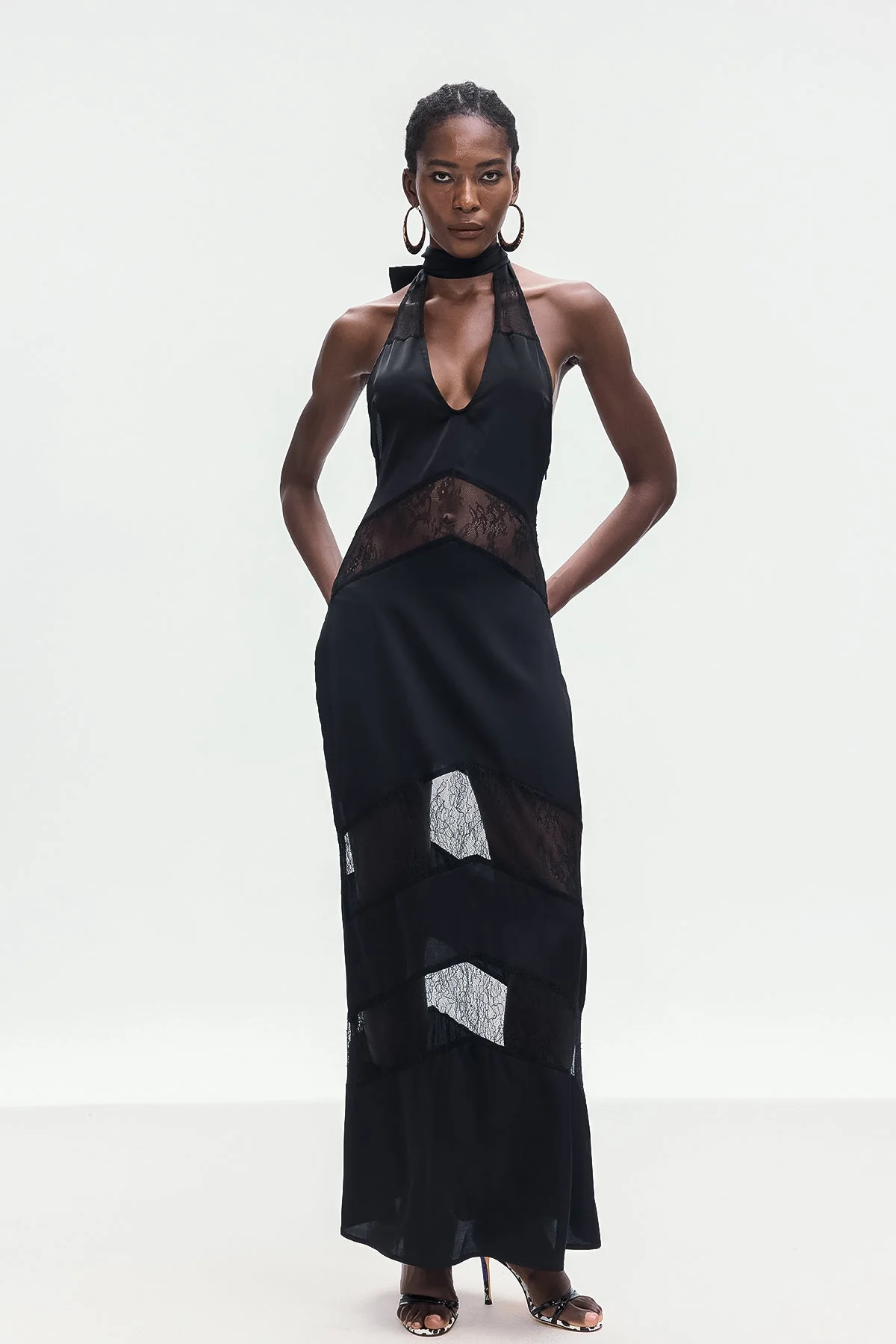 Black Satin Lace Floral Maxi Dress - Elegant & Versatile