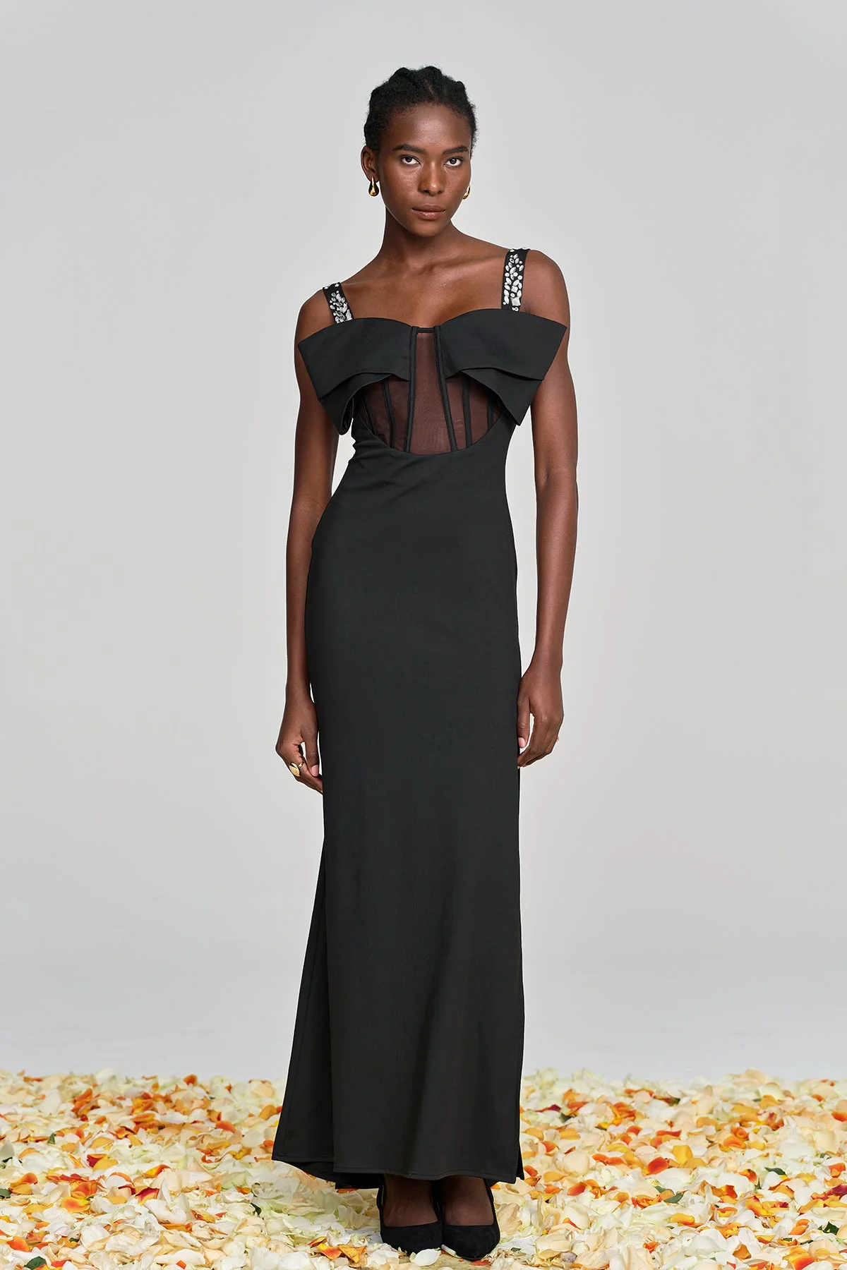 Black Lace Rhinestone Split Maxi Dress