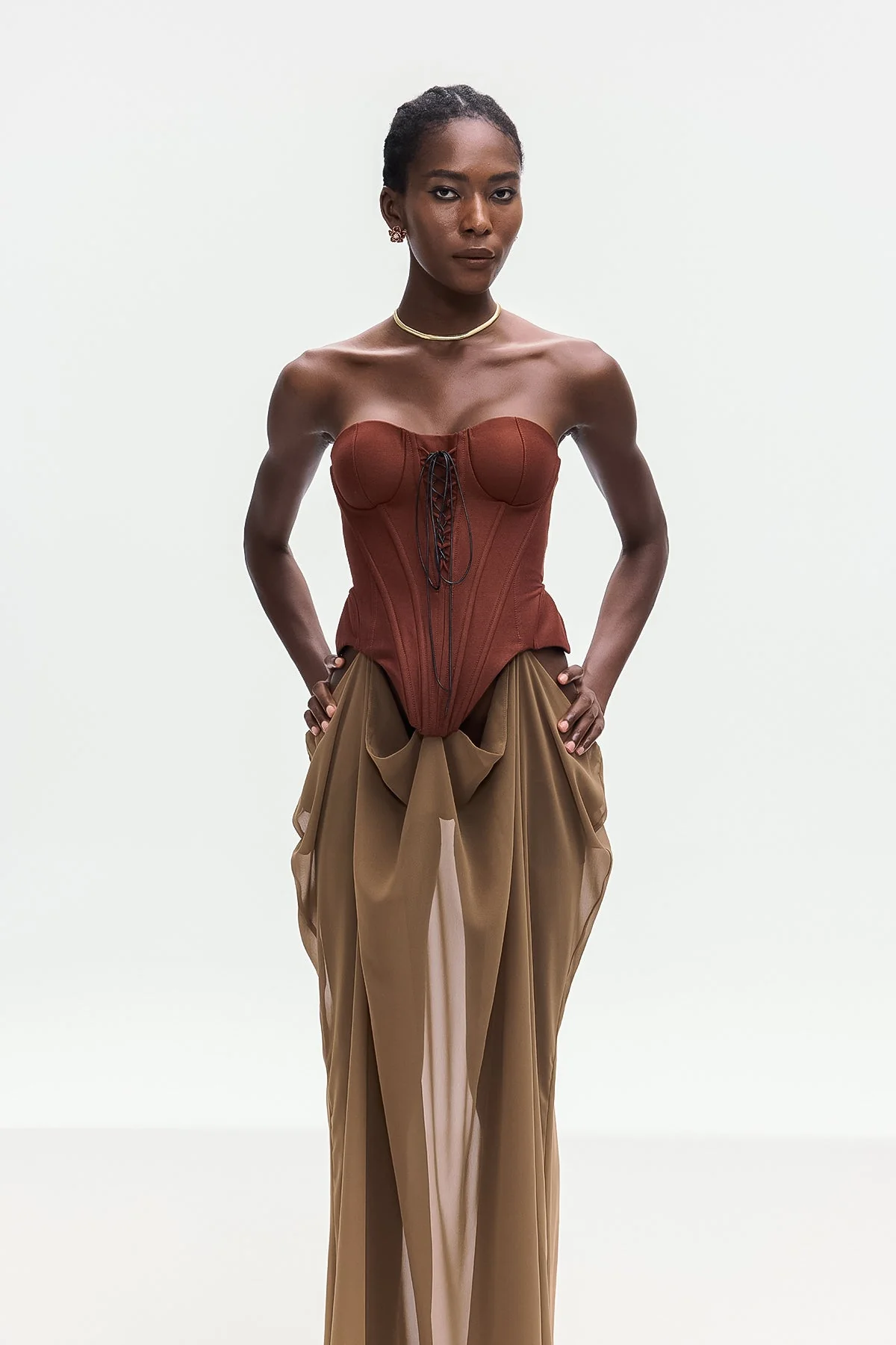 Khaki Lace-Up Strapless Maxi Dress - Elegant Silhouette