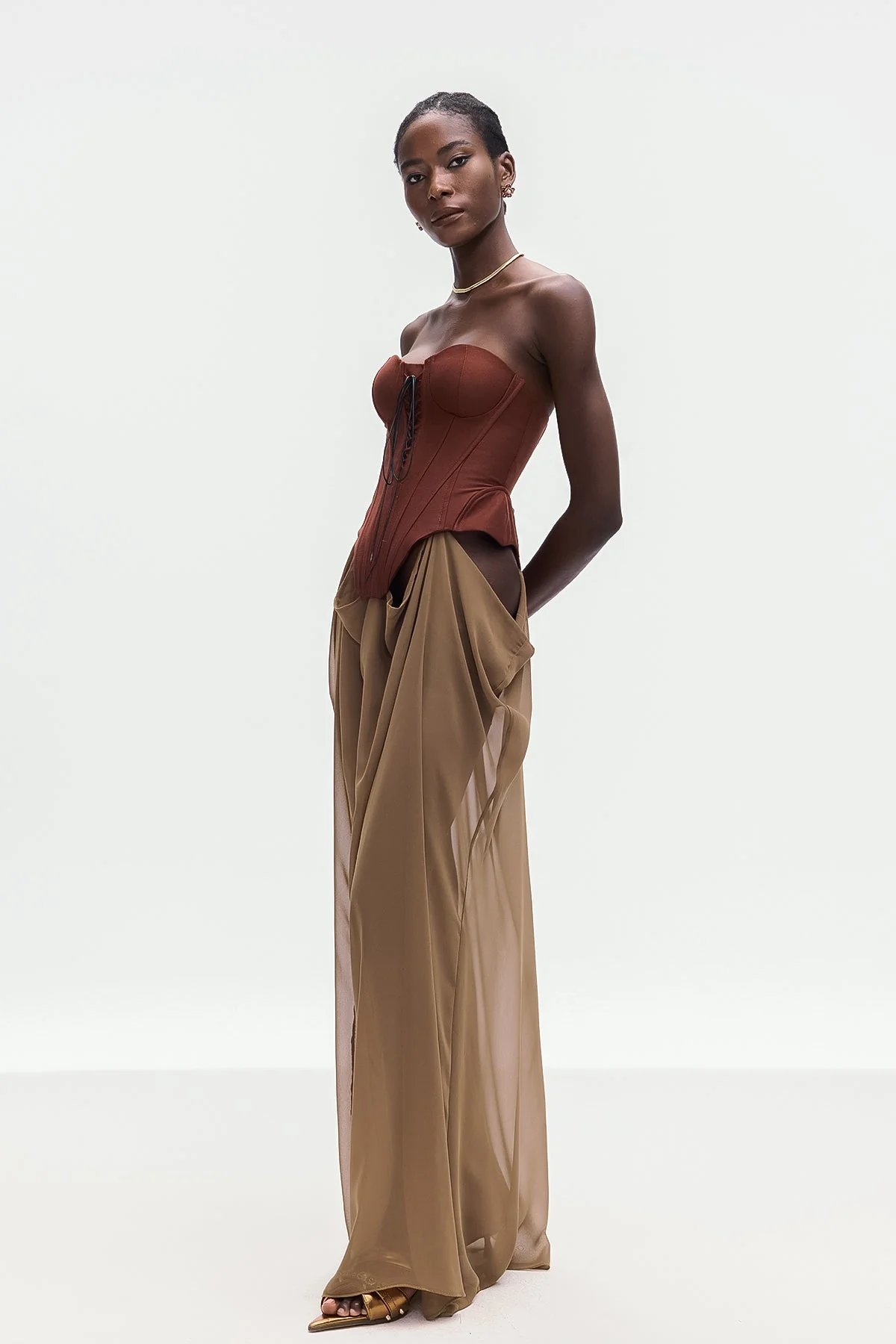 Khaki Lace-Up Strapless Maxi Dress - Elegant Silhouette
