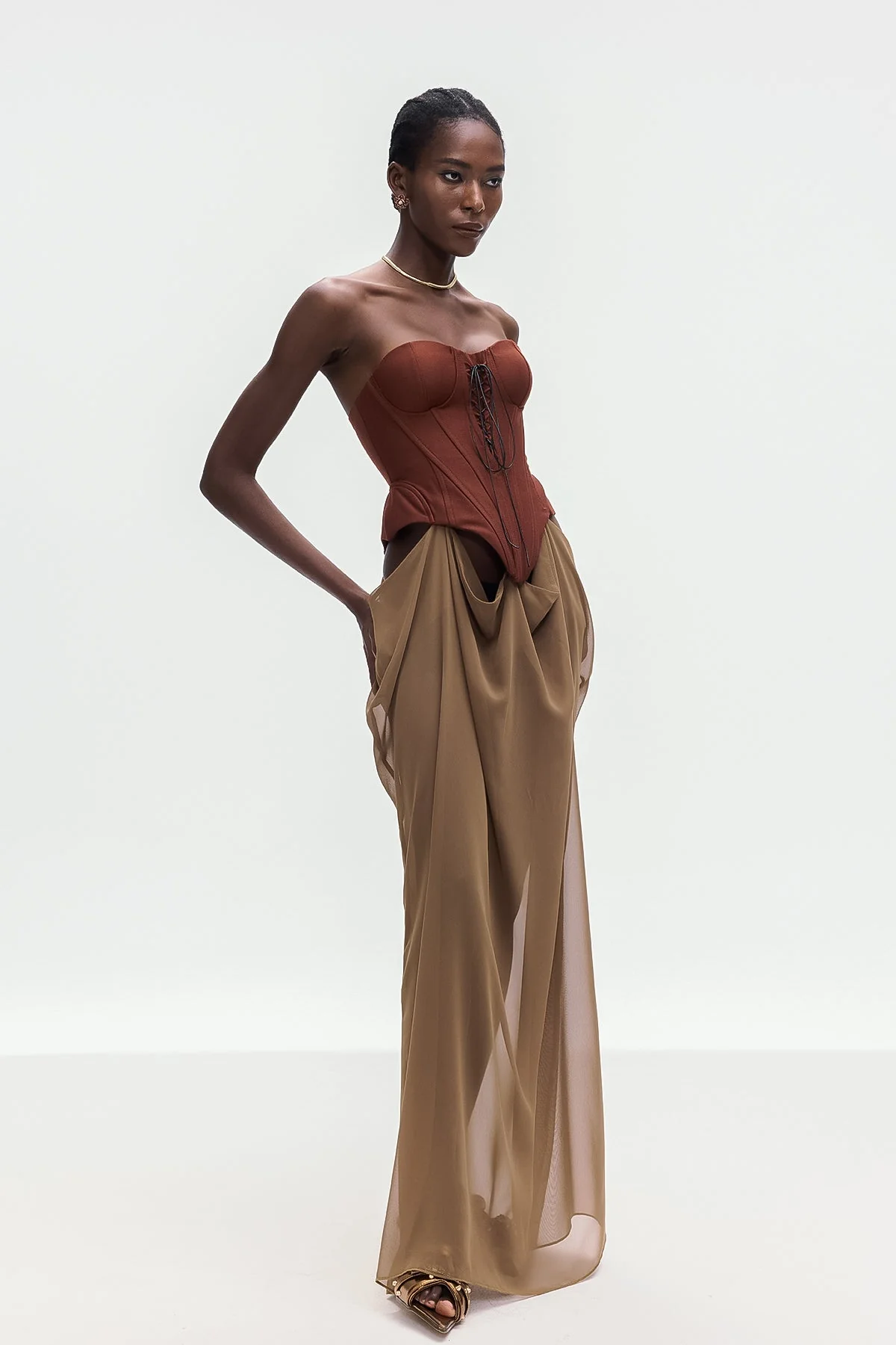 Khaki Lace-Up Strapless Maxi Dress - Elegant Silhouette