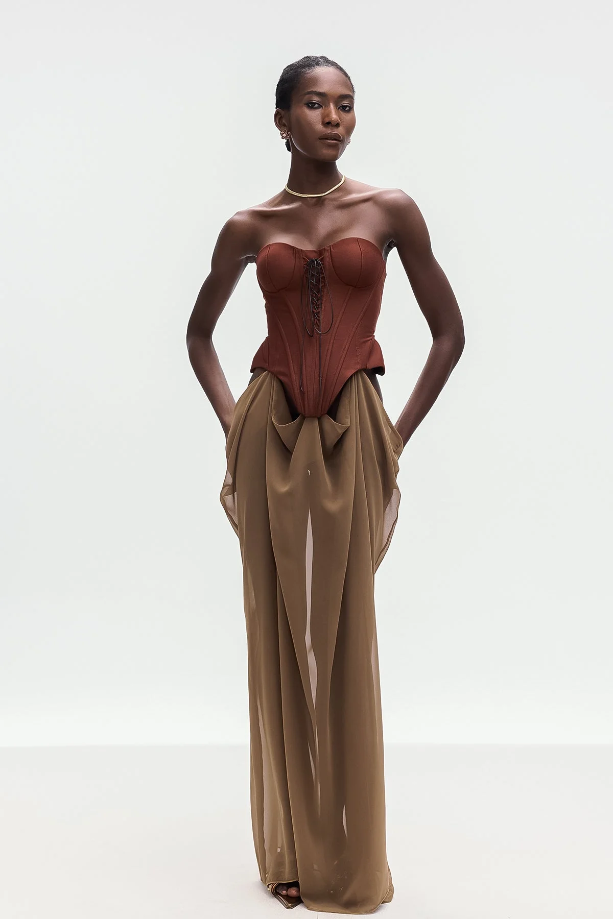 Khaki Lace-Up Strapless Maxi Dress - Elegant Silhouette