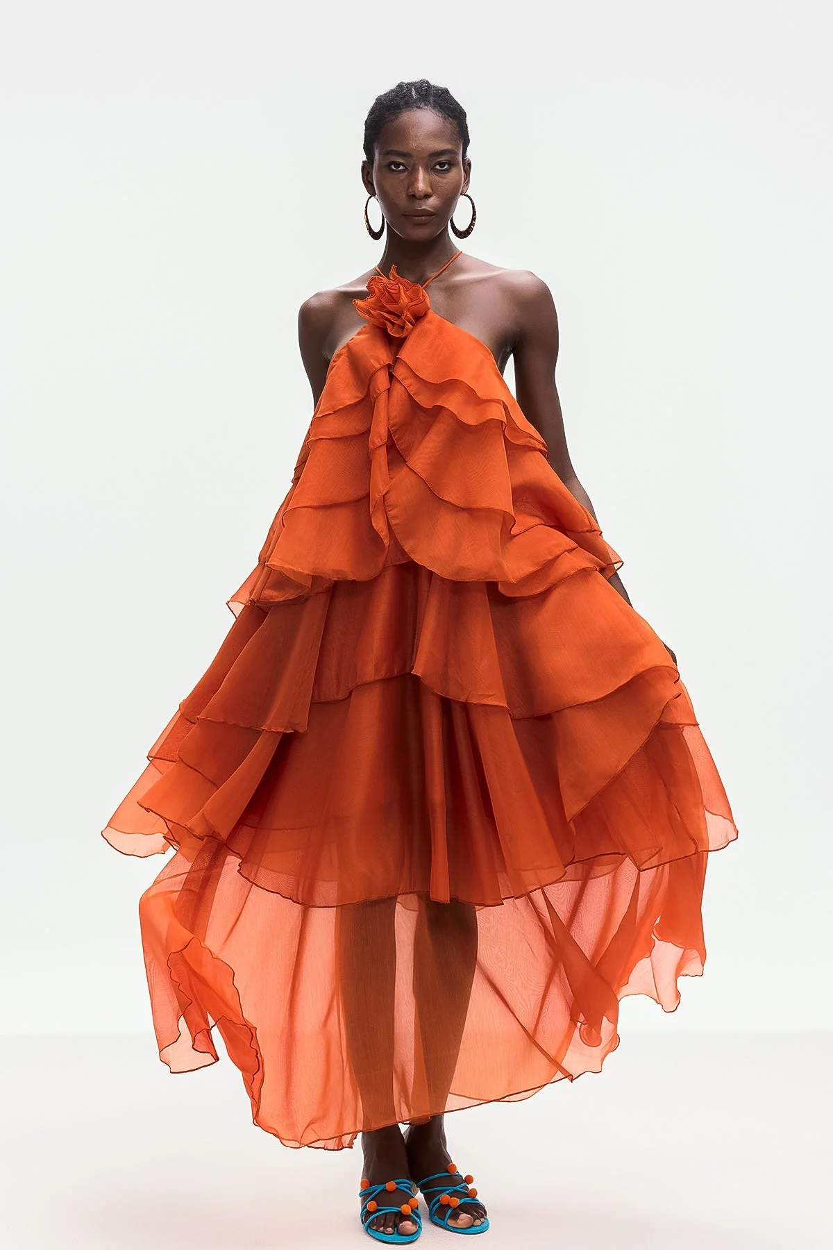 Orange Backless Flower Ruch Maxi Dress