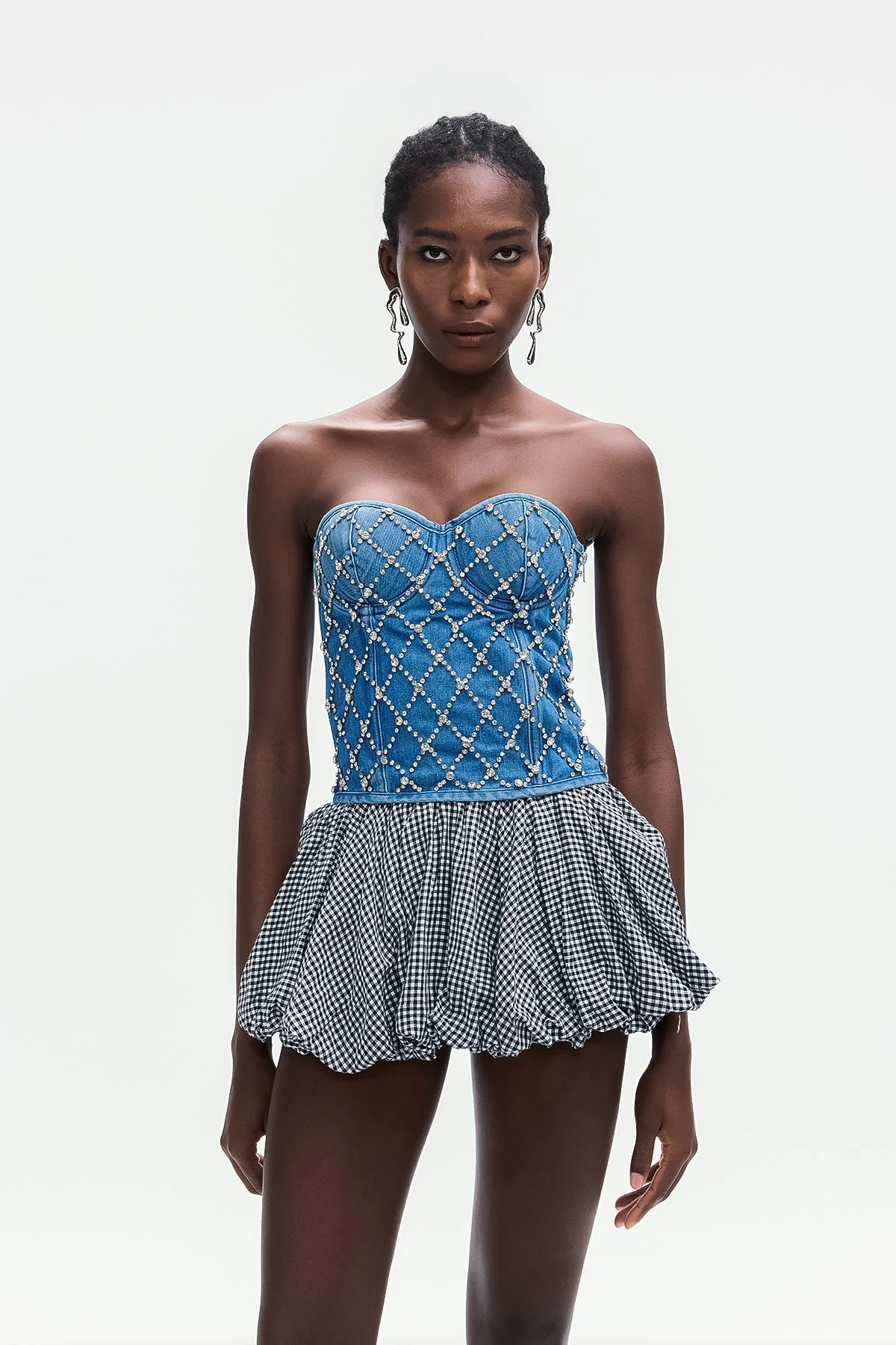 Denim Crystal Embellished Strapless Top in Blue - Elegant Design